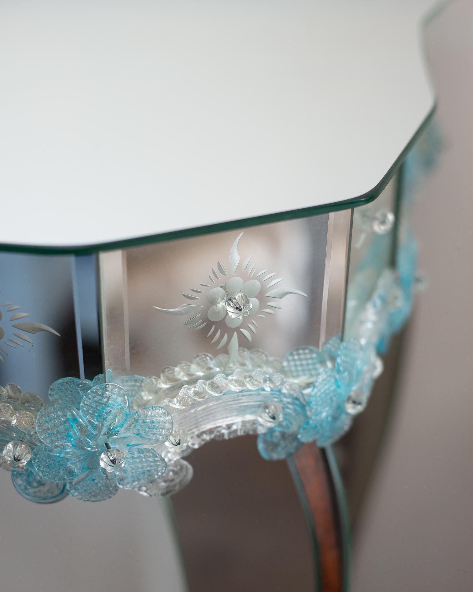 Baroque Contemporary Murano Mirrored Console Table with Blue Hand Blown Flowers For Sale