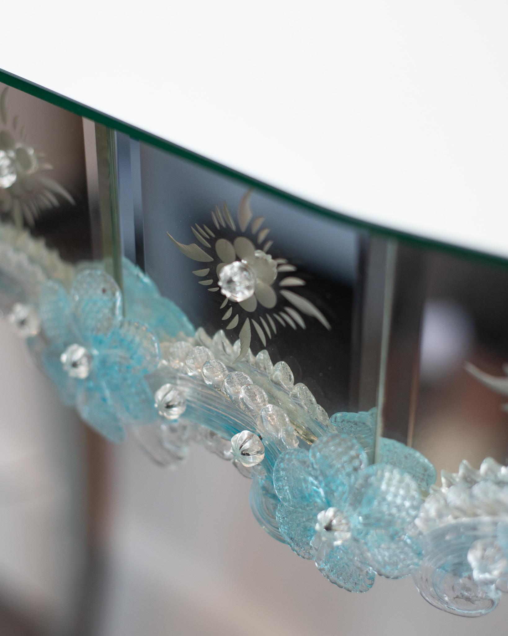 Italian Contemporary Murano Mirrored Console Table with Blue Hand Blown Flowers For Sale