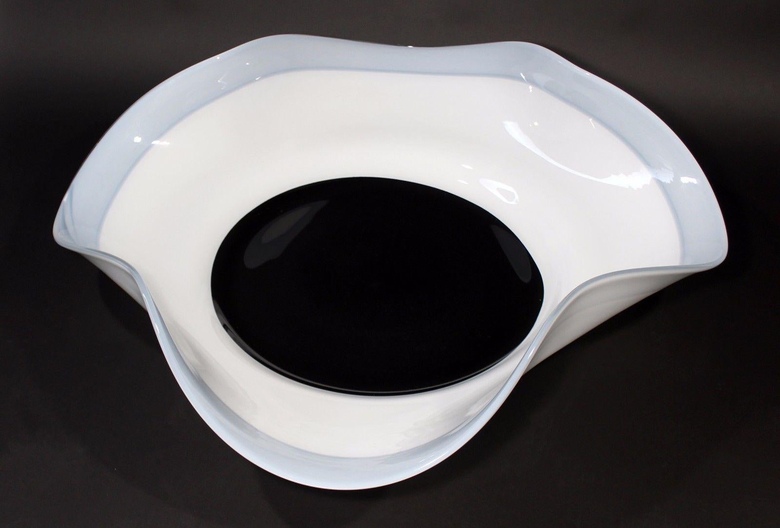 For your consideration is an elegantly large, blue, white and black, Murano, hand blown glass, art bowl from the 1970s. In excellent condition. The dimensions are 32