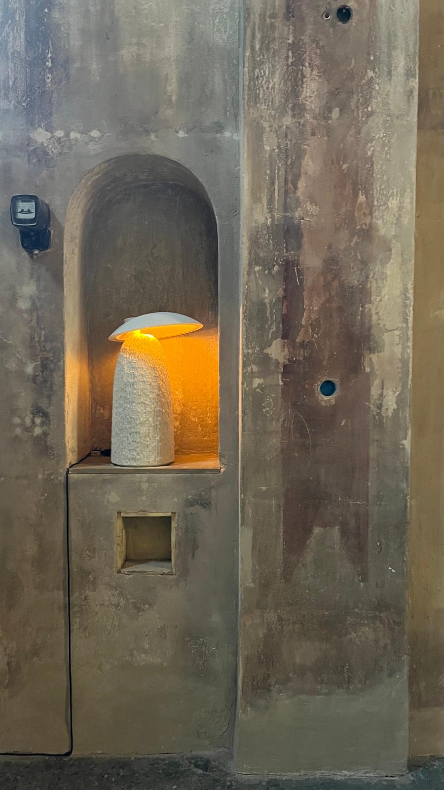 Contemporary Mushroom Rough Beige Stone Table Lamp by Frederic Saulou In New Condition For Sale In Geneve, CH