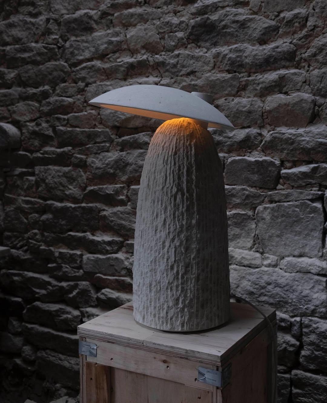 Limestone Contemporary Mushroom Rough Beige Stone Table Lamp by Frederic Saulou For Sale
