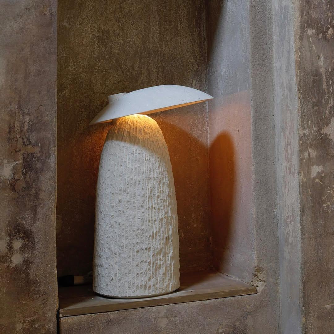 Contemporary Mushroom Rough Beige Stone Table Lamp by Frederic Saulou For Sale 1