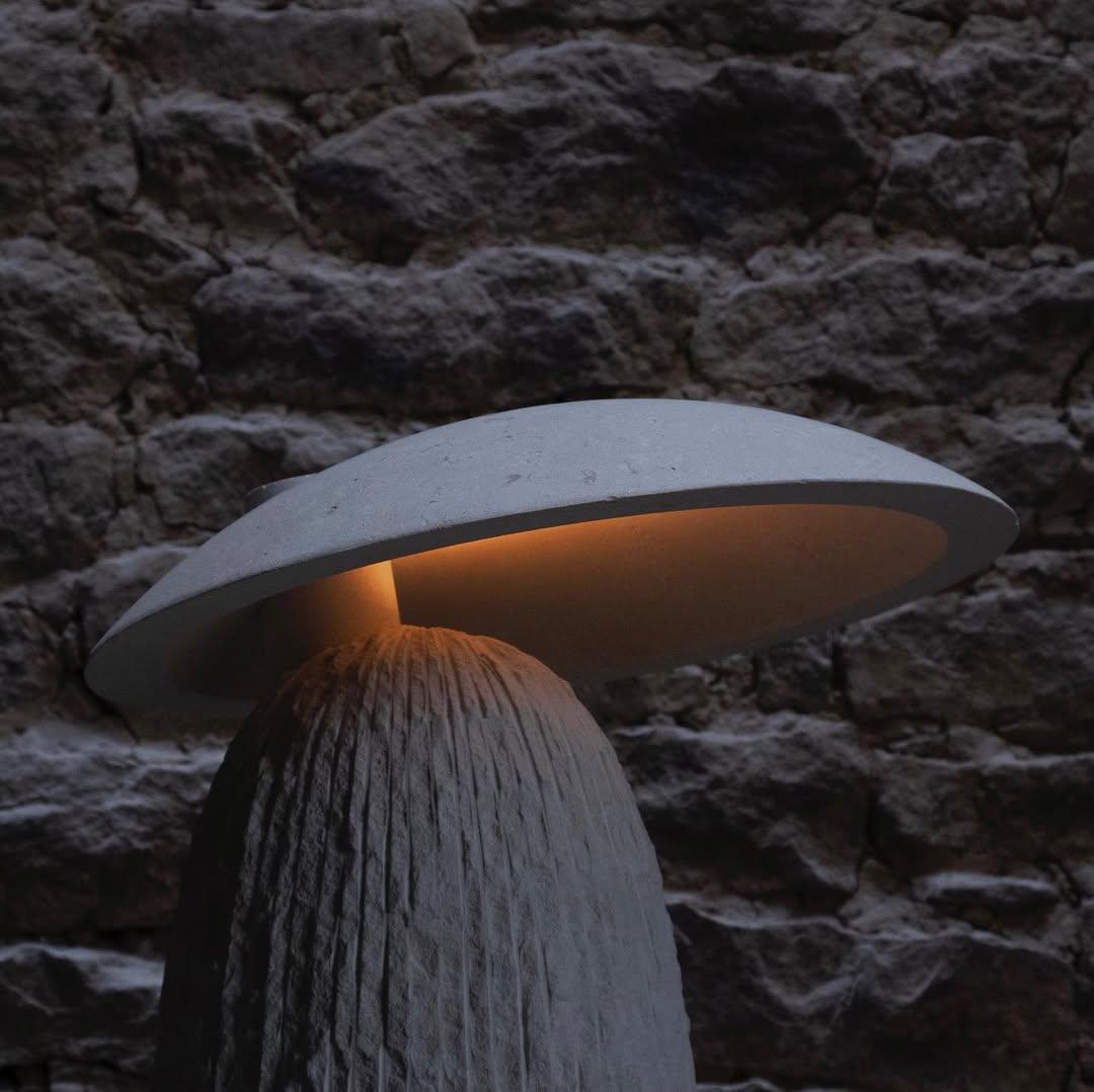 Contemporary Mushroom Rough Beige Stone Table Lamp by Frederic Saulou For Sale 2