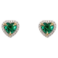 Contemporary Muzo Colombian Emerald and Diamond 18ct Gold Heart Stud Earrings