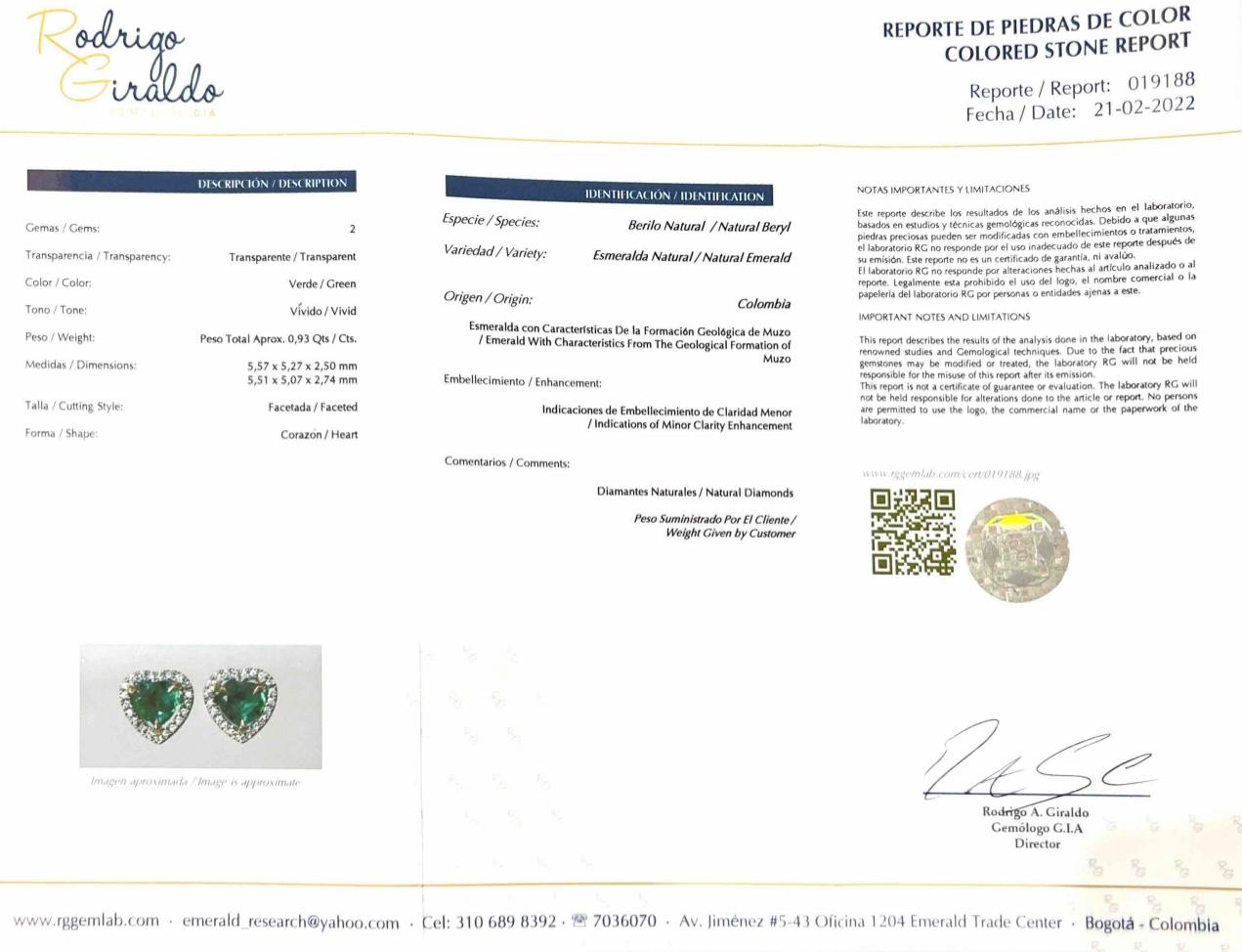 Zeitgenössische Muzo Kolumbianische Smaragd- und Diamant-Ohrstecker aus 18 Karat Gold mit Herz im Angebot 2