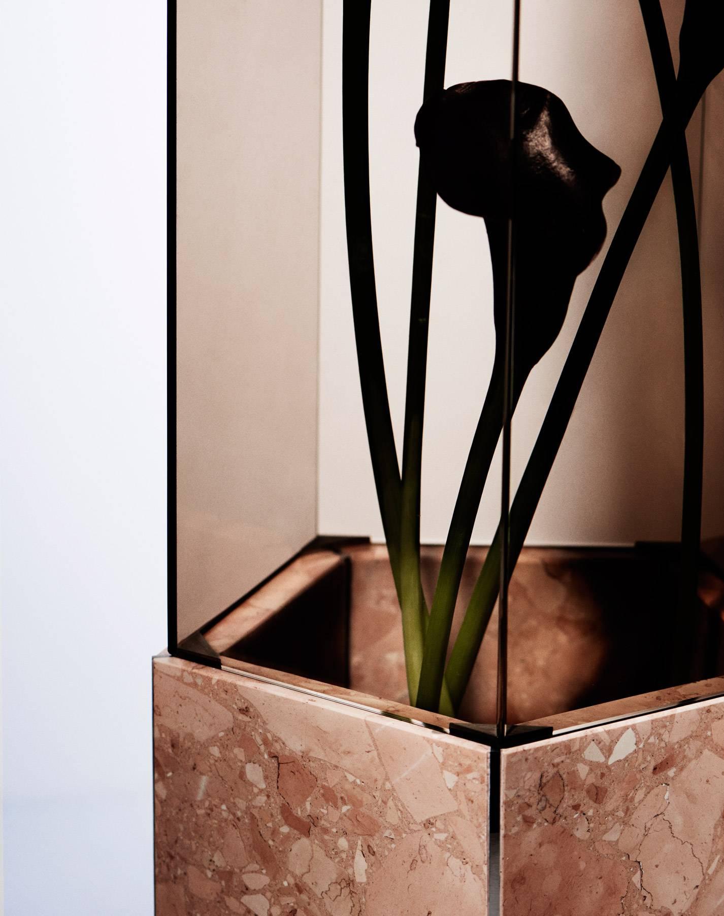 Modern Contemporary Narcissus Pentagon Vase Pink Rosa Perlino Terrazzo and Smoked Glass For Sale