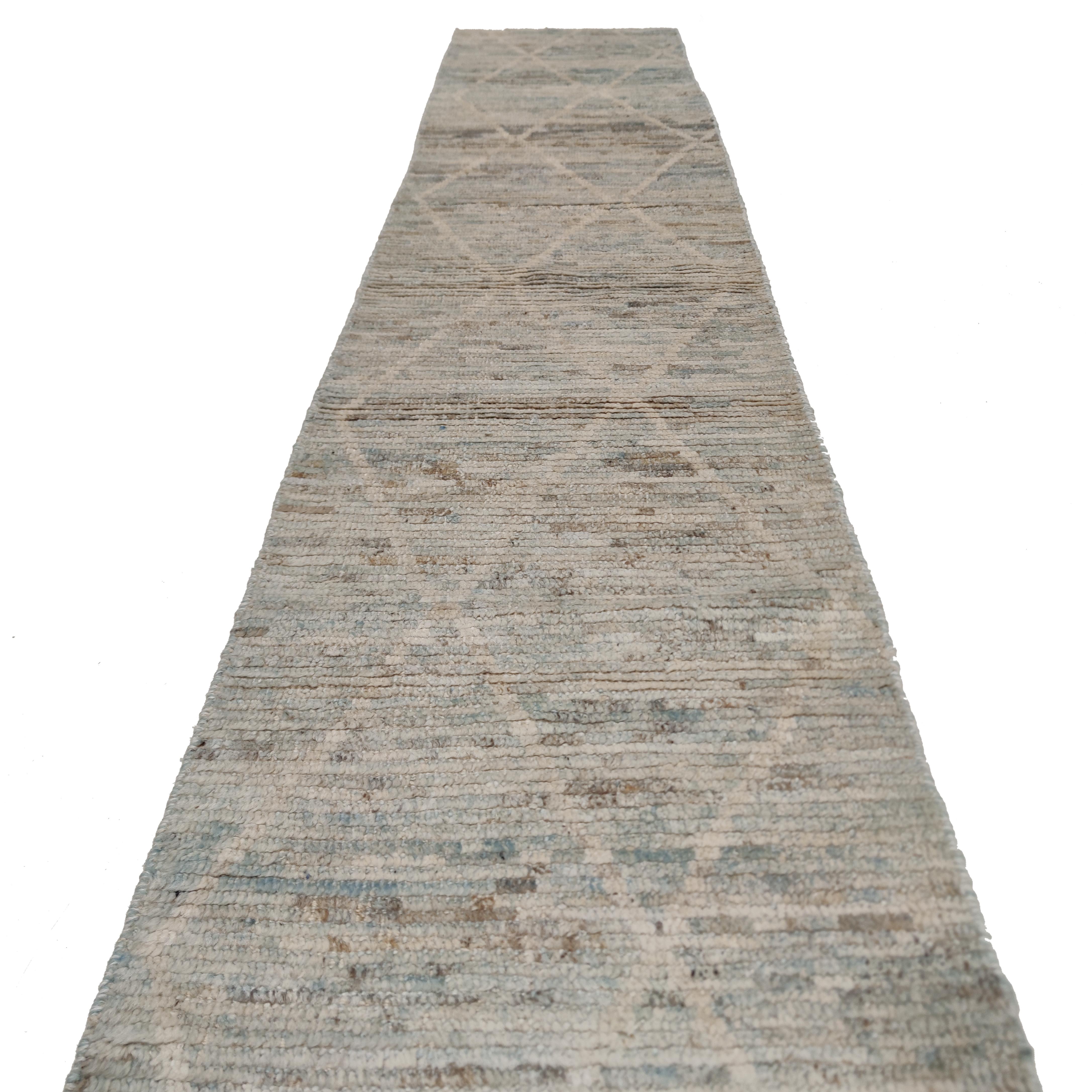 Tribal Contemporary Narrow Moroccan Style Aqua Blue Runner Rug 2 x 10 feet For Sale
