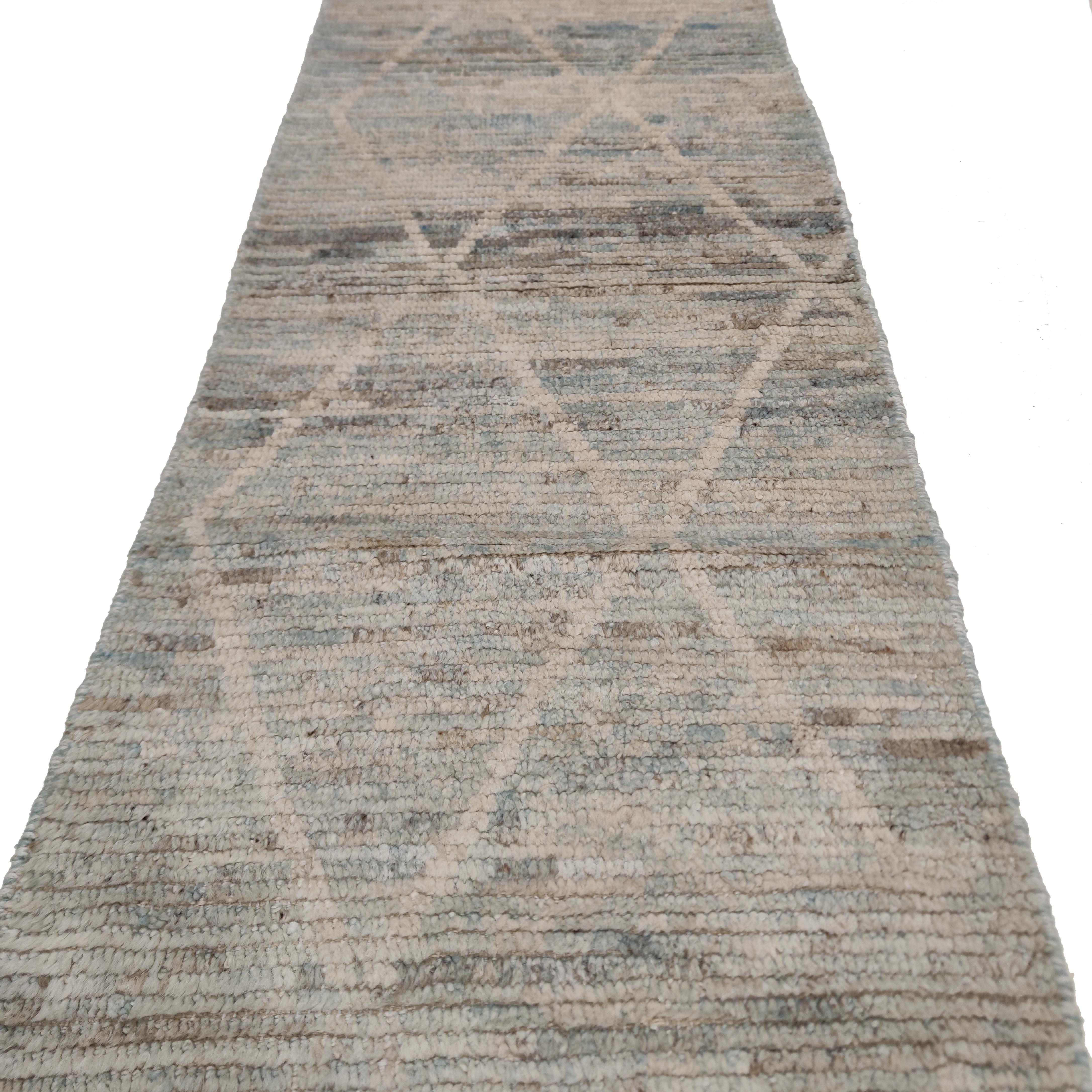 Afghan Contemporary Narrow Moroccan Style Aqua Blue Runner Rug 2 x 10 feet For Sale