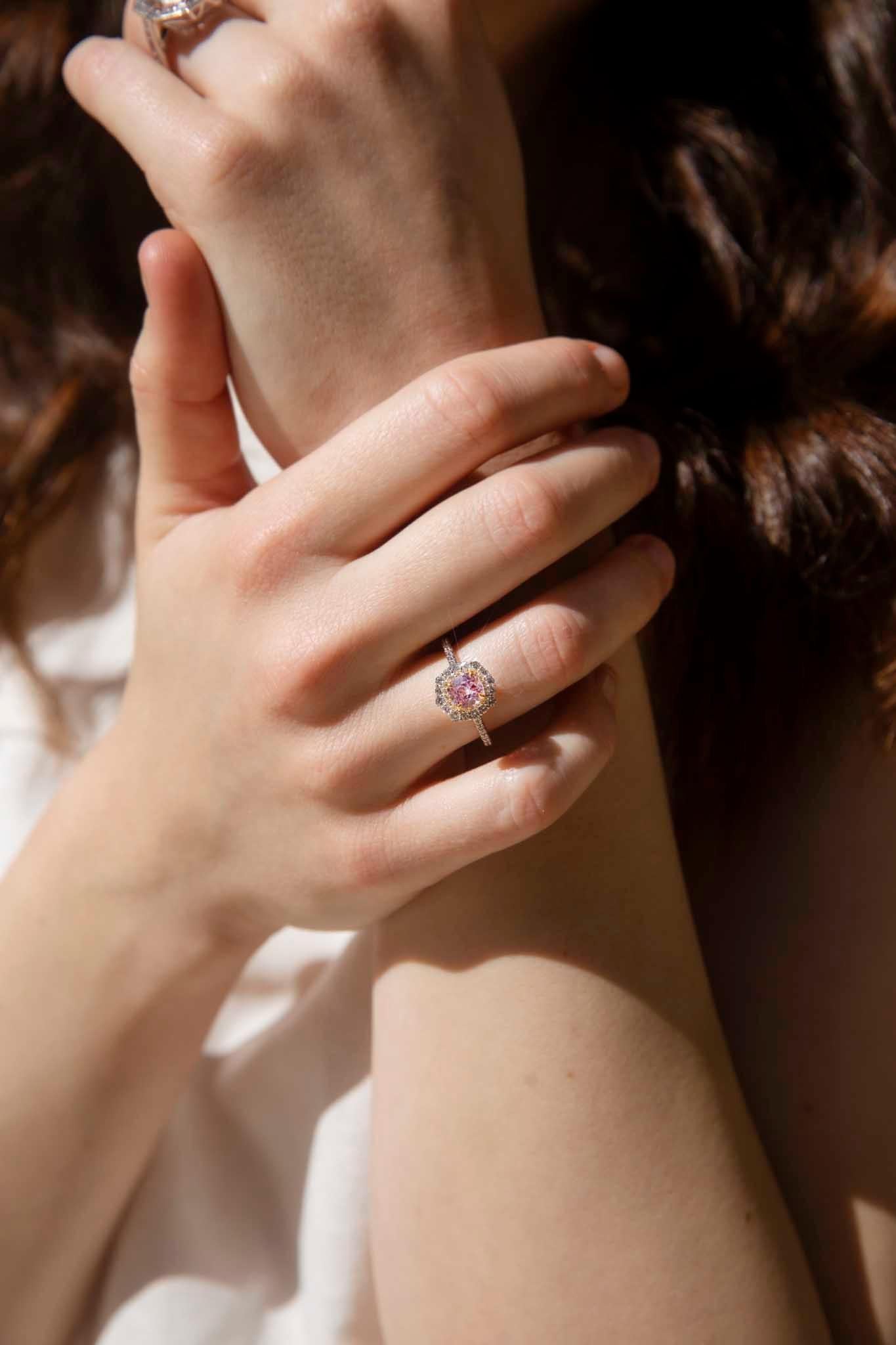 Contemporary Natural 1.16 Carat Pink Sapphire & Diamond Halo Ring 18 Carat Gold 6