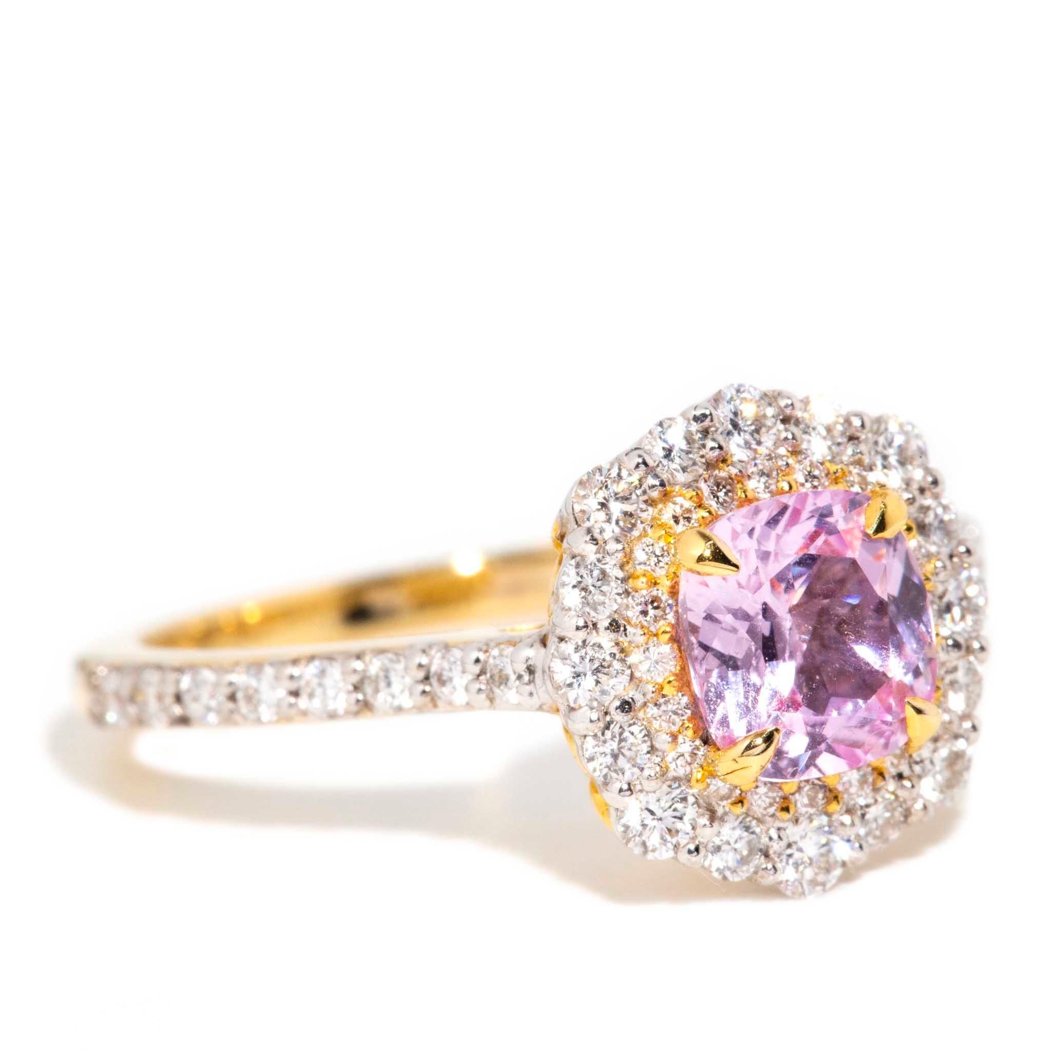 Cushion Cut Contemporary Natural 1.16 Carat Pink Sapphire & Diamond Halo Ring 18 Carat Gold