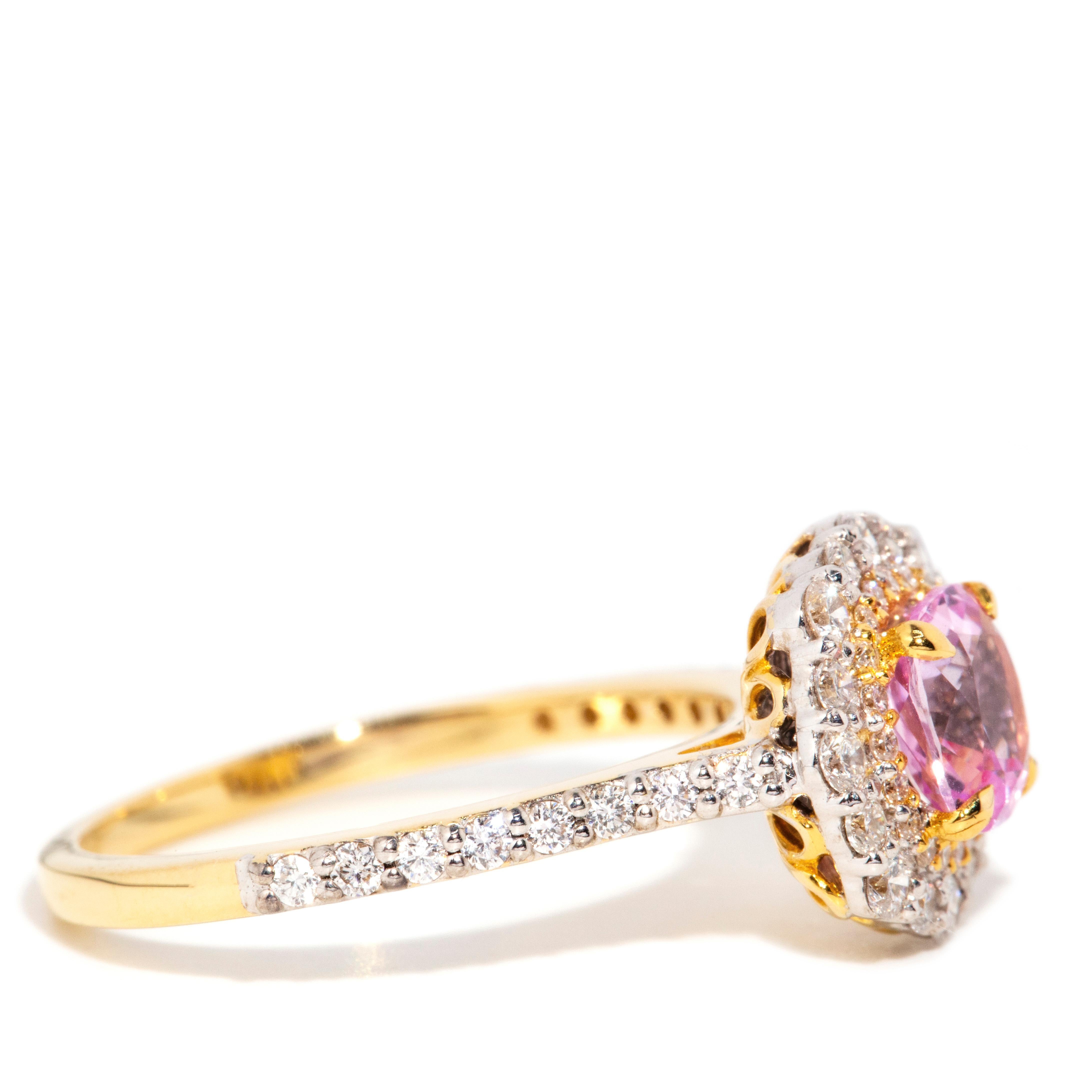 Women's or Men's Contemporary Natural 1.16 Carat Pink Sapphire & Diamond Halo Ring 18 Carat Gold