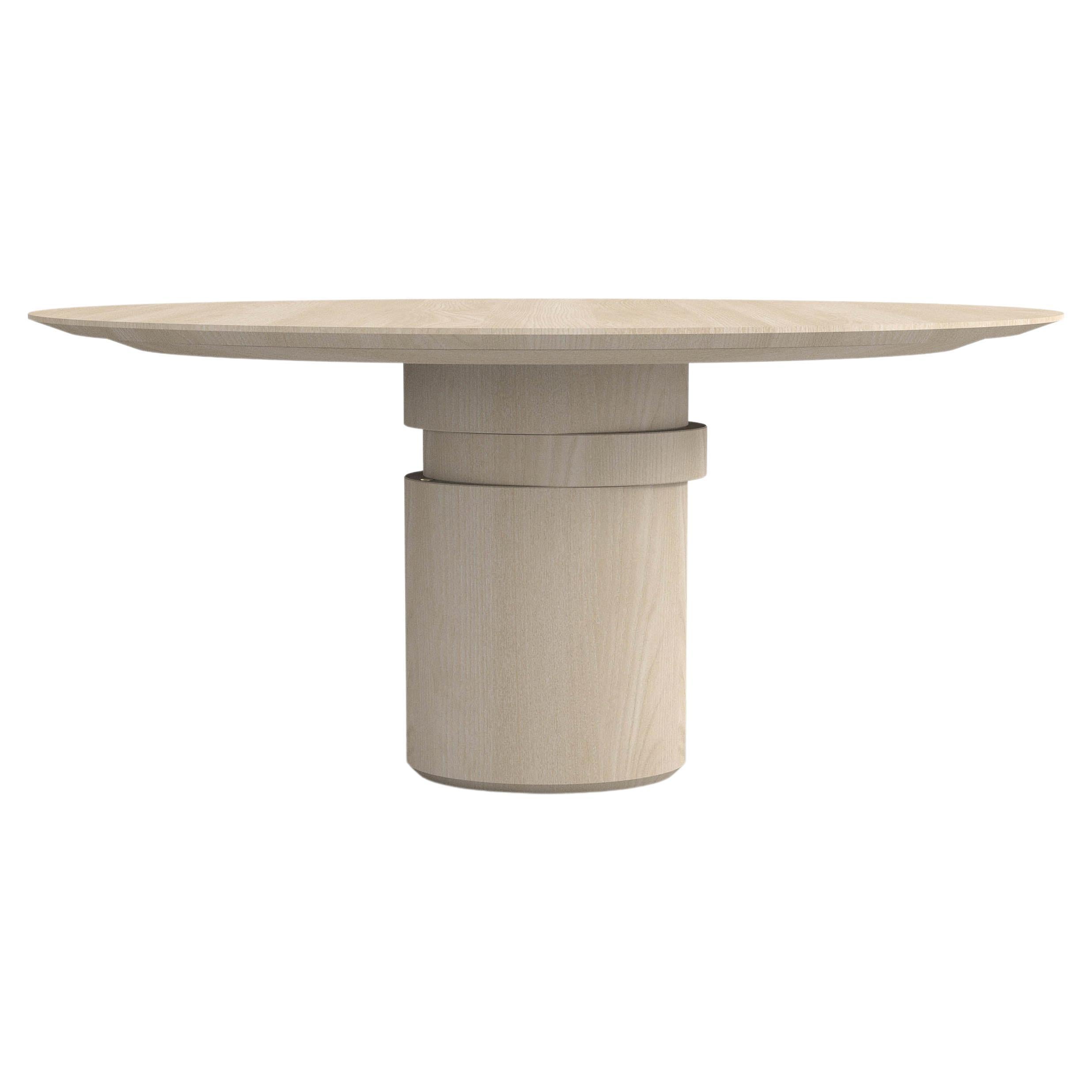 Contemporary round dining table, natural ash wood, shifting disc, Belgian design