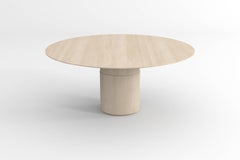 Contemporary round dining table, natural ash wood, central leg, Belgian design
