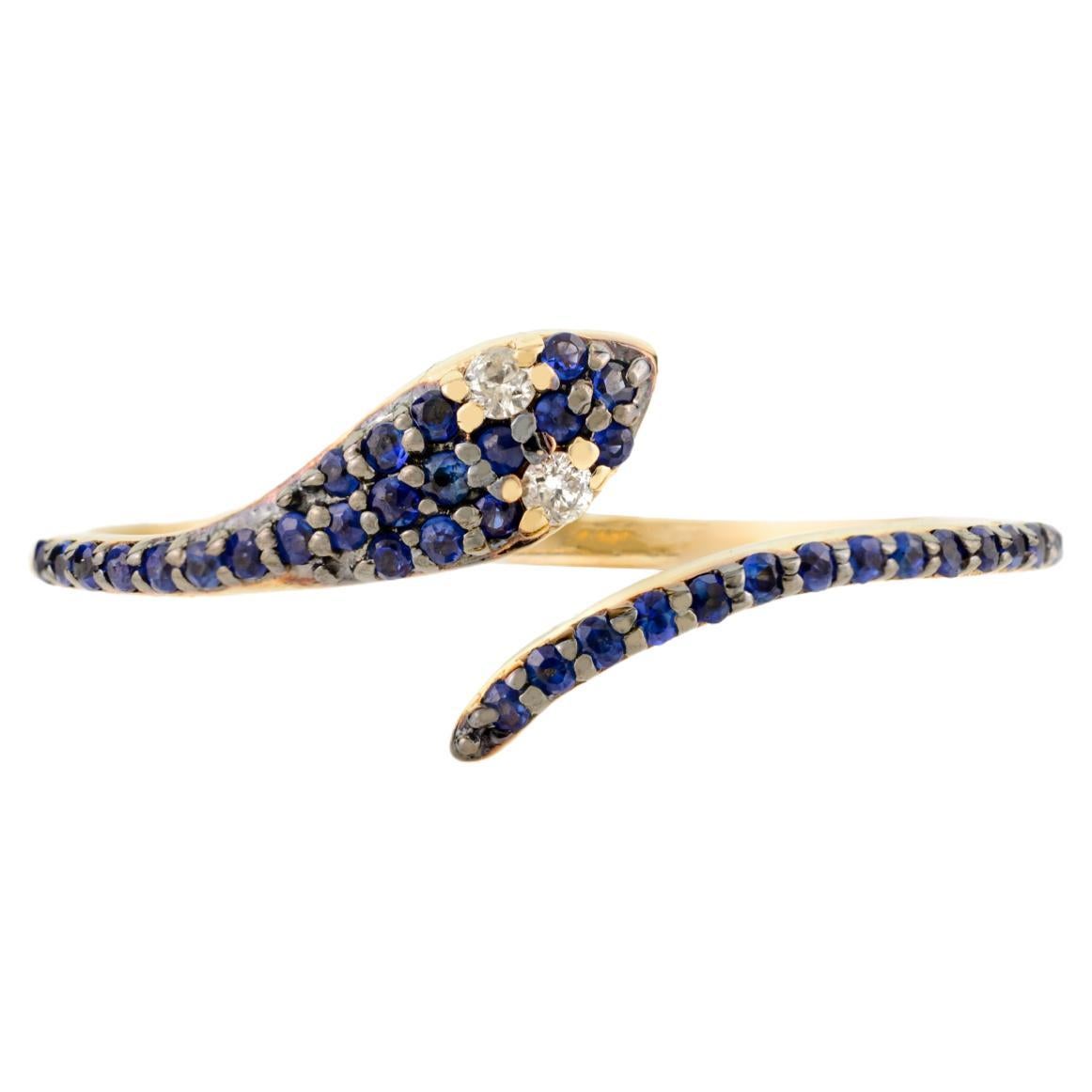 Contemporary Natural Blue Sapphire & Diamond Thin Snake Ring in 14k White Gold