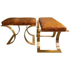 Contemporary Natural Brushed Brass Pair of Stools, Python Snake Skin, Italy 2020