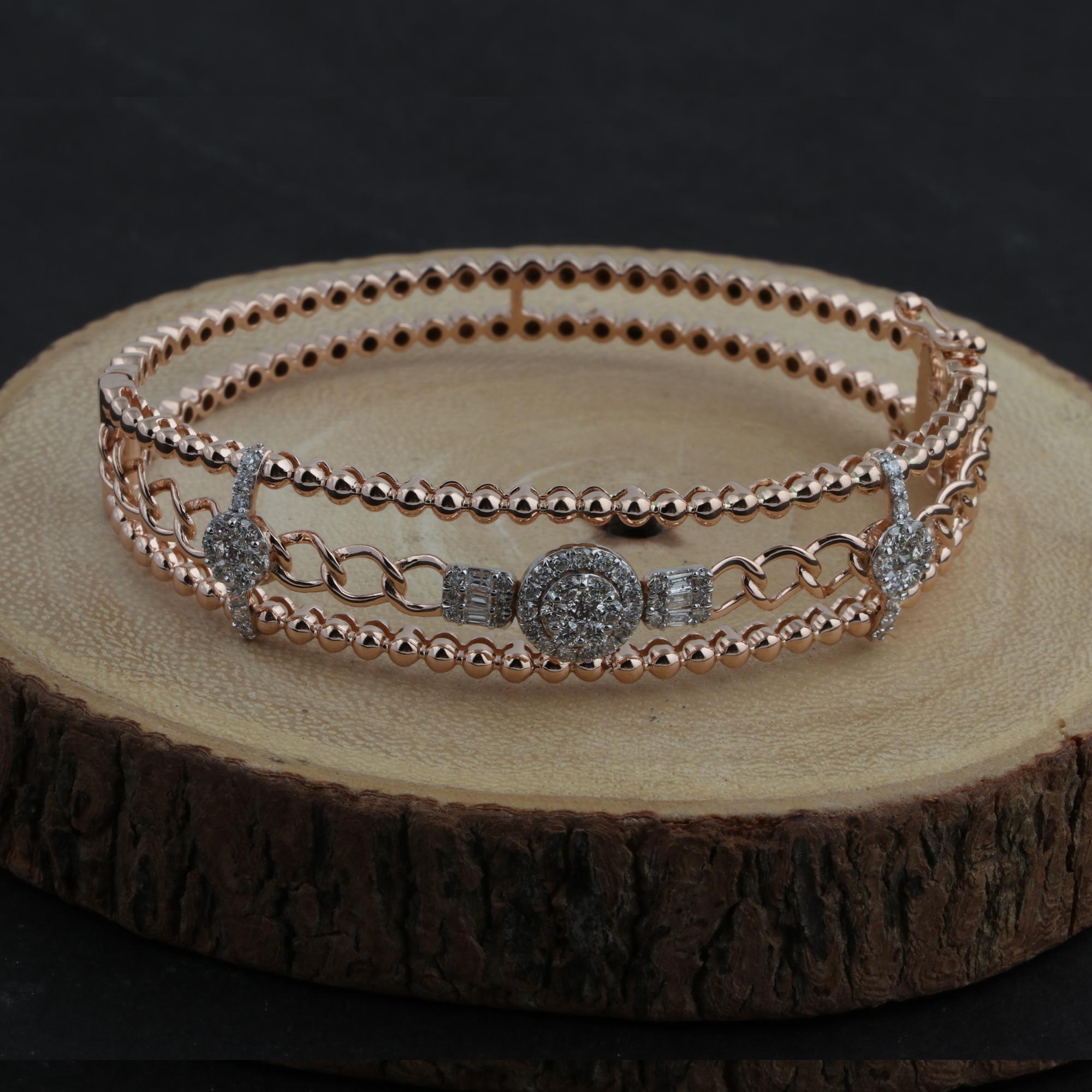 Mixed Cut Contemporary Natural Diamond 18k Rose Gold Chain Bangle Bracelet Fine Jewelry For Sale