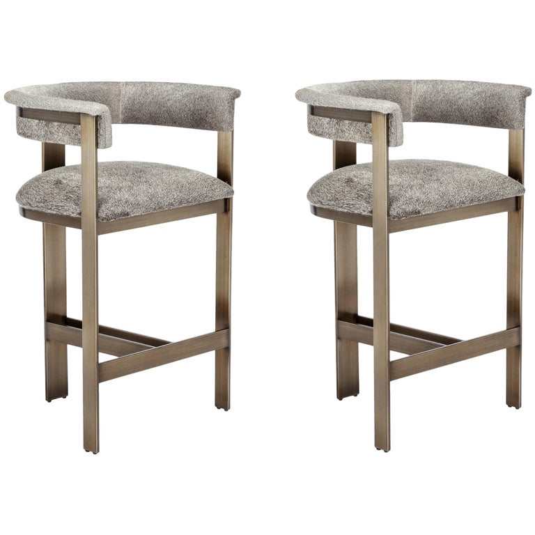 Contemporary Natural Hide Counter Stools in Bronze Frame For Sale at