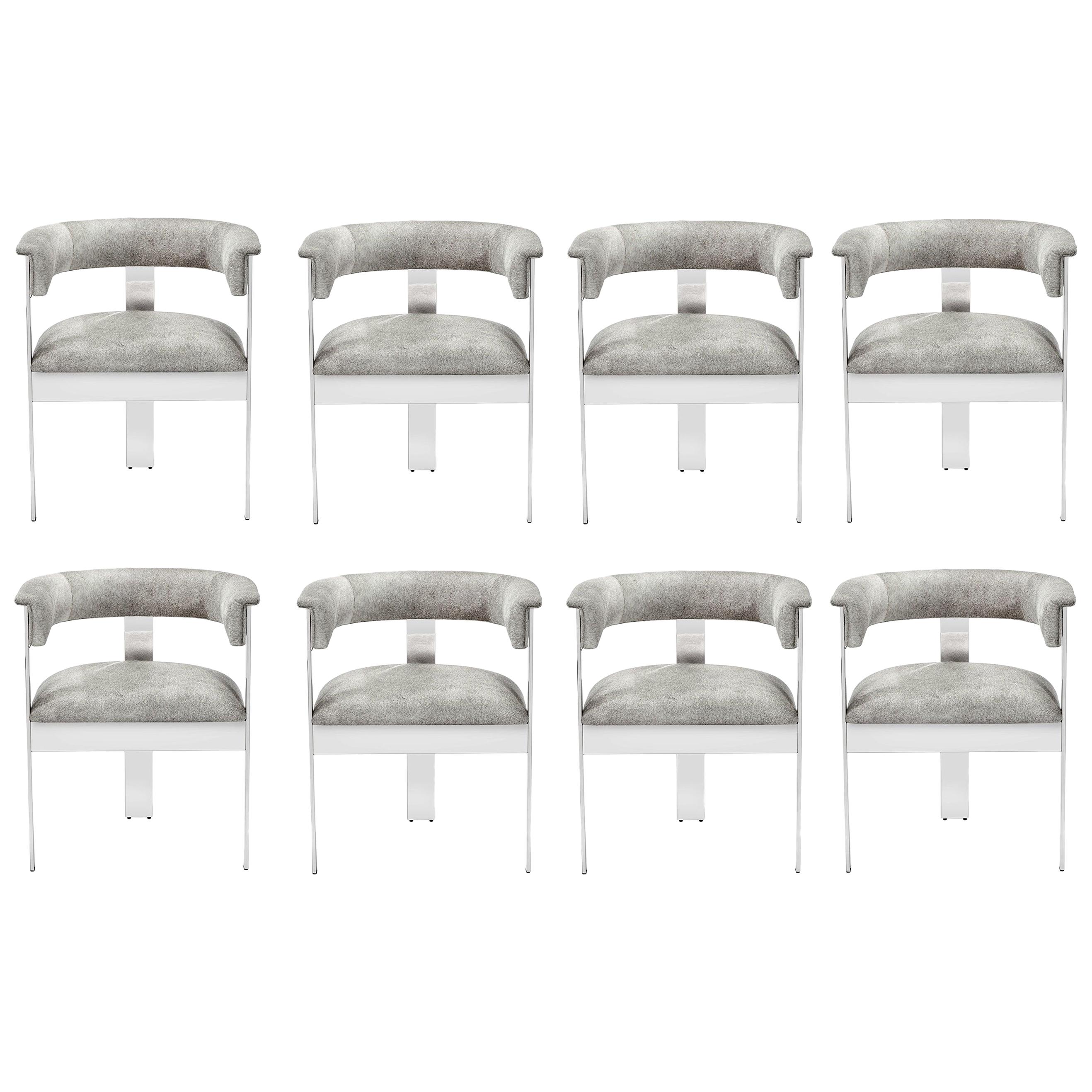 Contemporary Natural Hide Dining Chairs in Polished NIckel / 8 Chairs