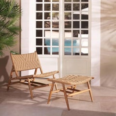 Contemporary Natural Teak Woven Outdoor Lounge Chair & Footstool