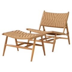 Contemporary Natural Teak Woven Outdoor Lounge Chair & Footstool