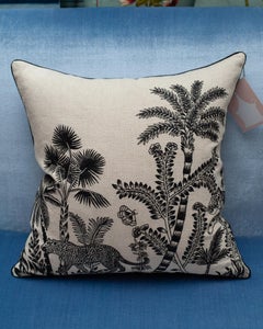 Contemporary Natural Tone Linen Pillow with Embroidered Tiger and Leopard