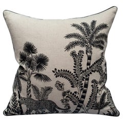 Contemporary Natural Tone Linen Pillow with Embroidered Tiger and Leopard