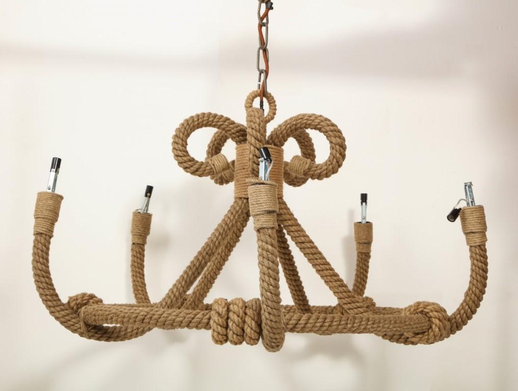 Contemporary nautical jute rope pendant light fixture with 5 sockets and brass foliate canopy.