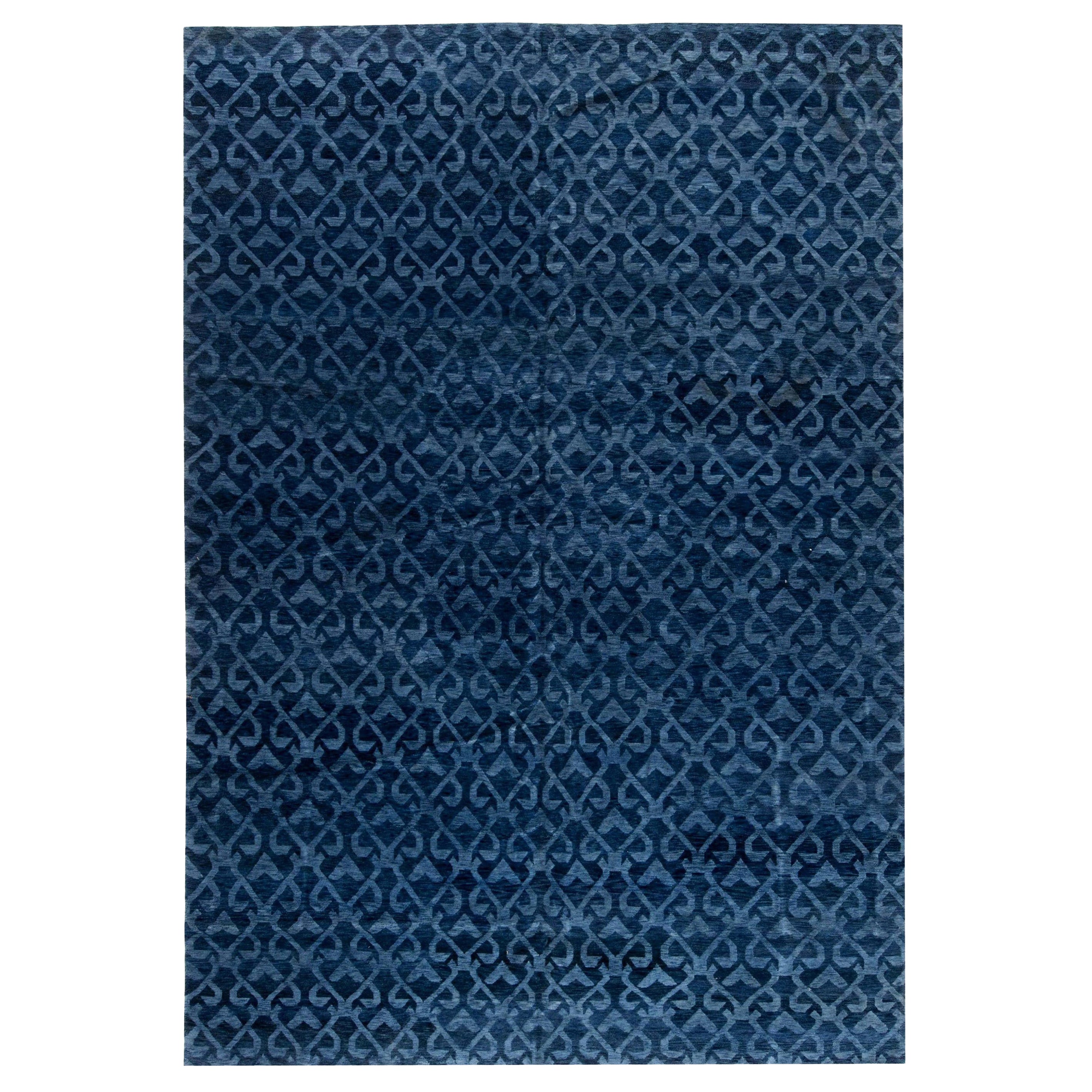 Zeitgenössischer marineblauer handgefertigter Pashmina- Euro-Teppich von Doris Leslie Blau im Angebot