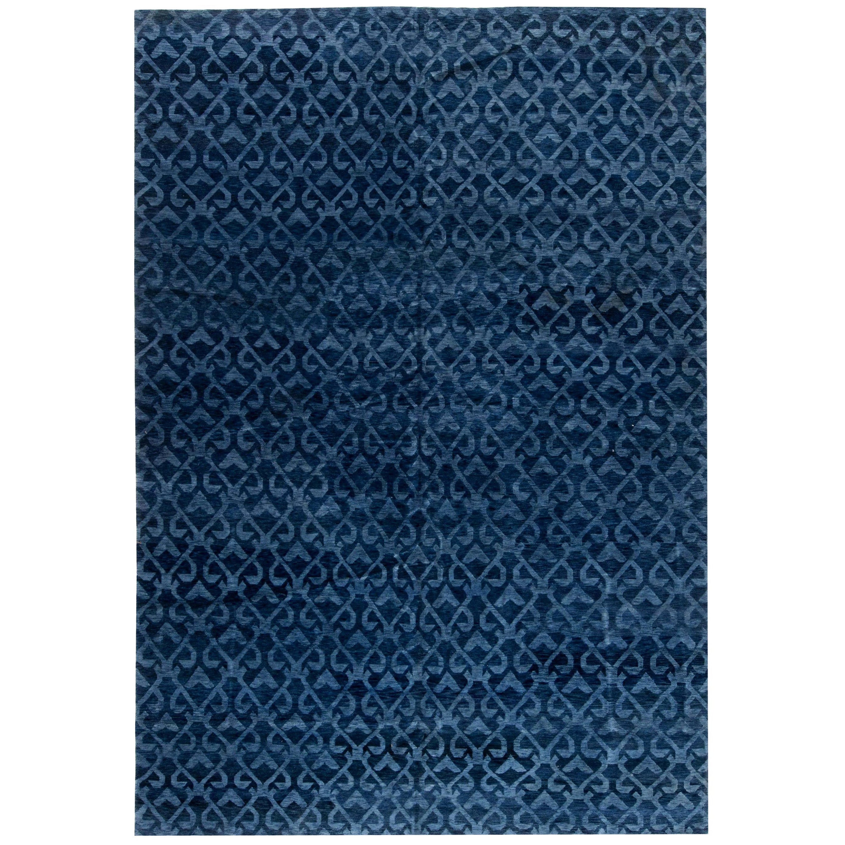 Contemporary Navy Blue Handcrafted Pashmina Euro Rug by Doris Leslie Blau