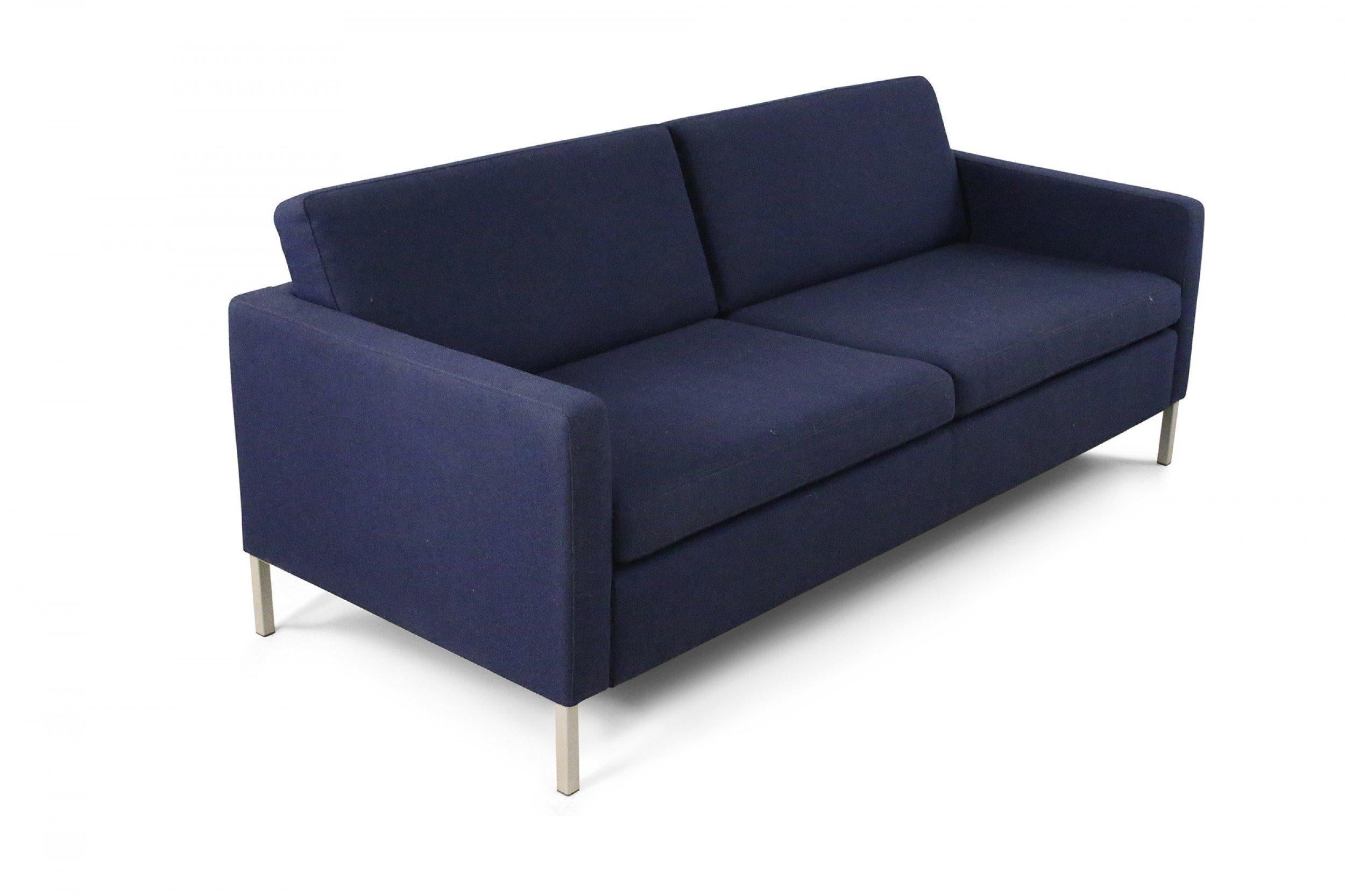 Contemporary Navy Blue Upholstered Three-Seat Sofa In Good Condition For Sale In New York, NY