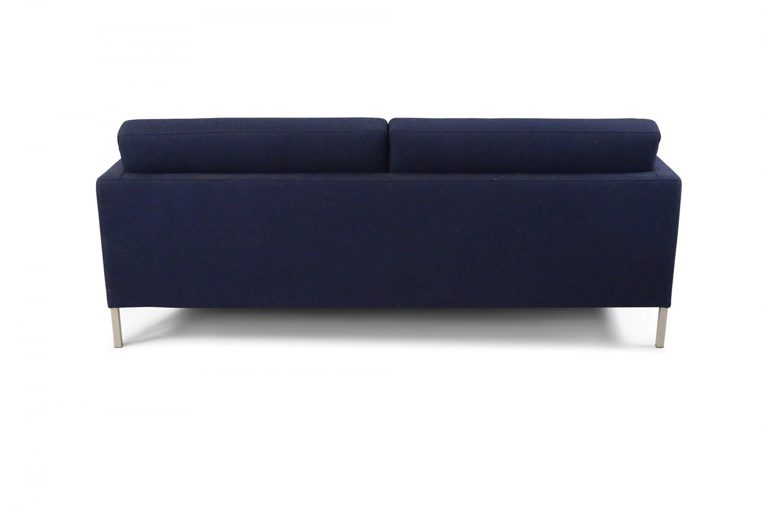 Metal Contemporary Navy Blue Upholstered Three-Seat Sofa For Sale