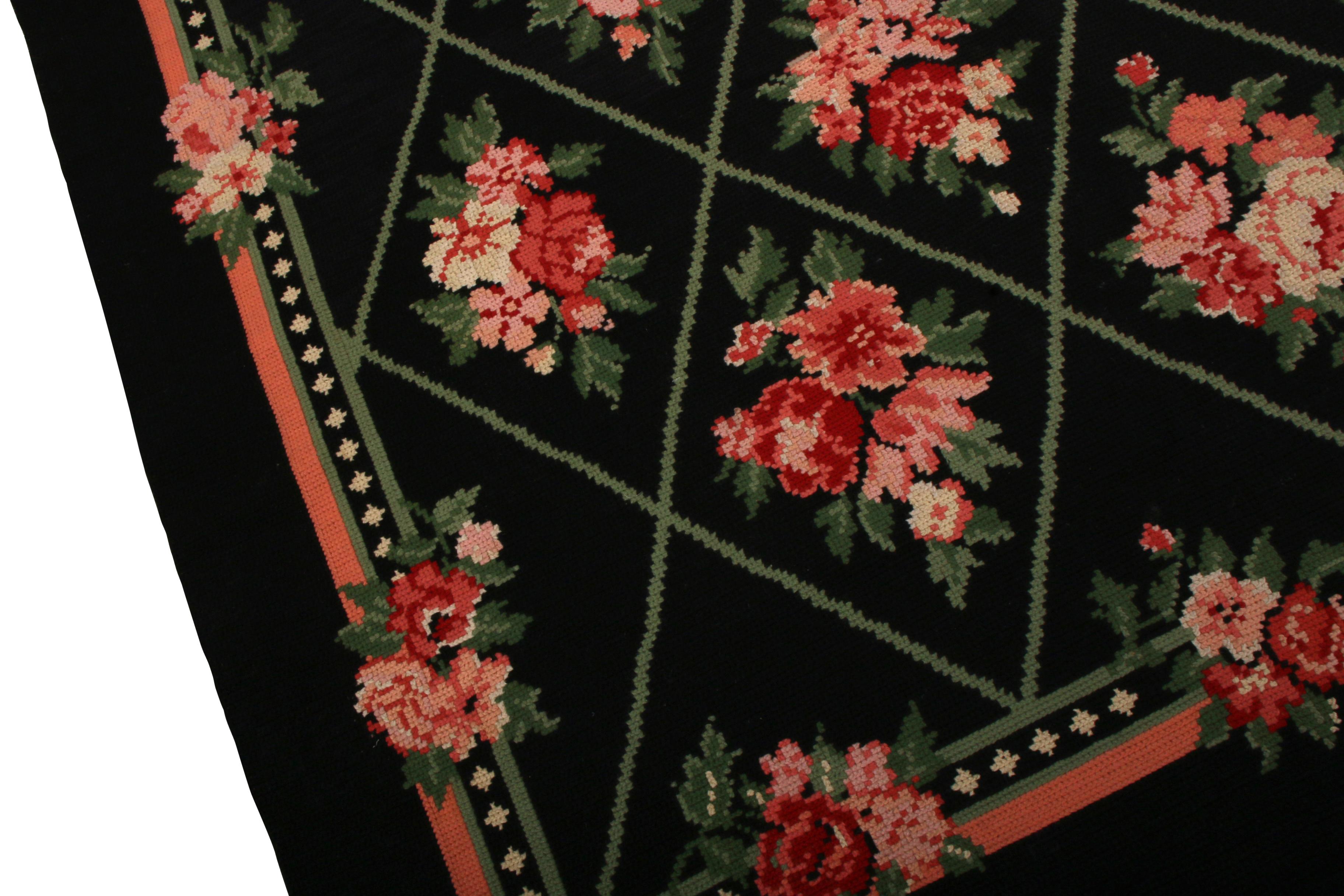 Portuguese Rug & Kilim's Contemporary Needlepoint Flat-Weave Wool Black Floral Kilim Rug