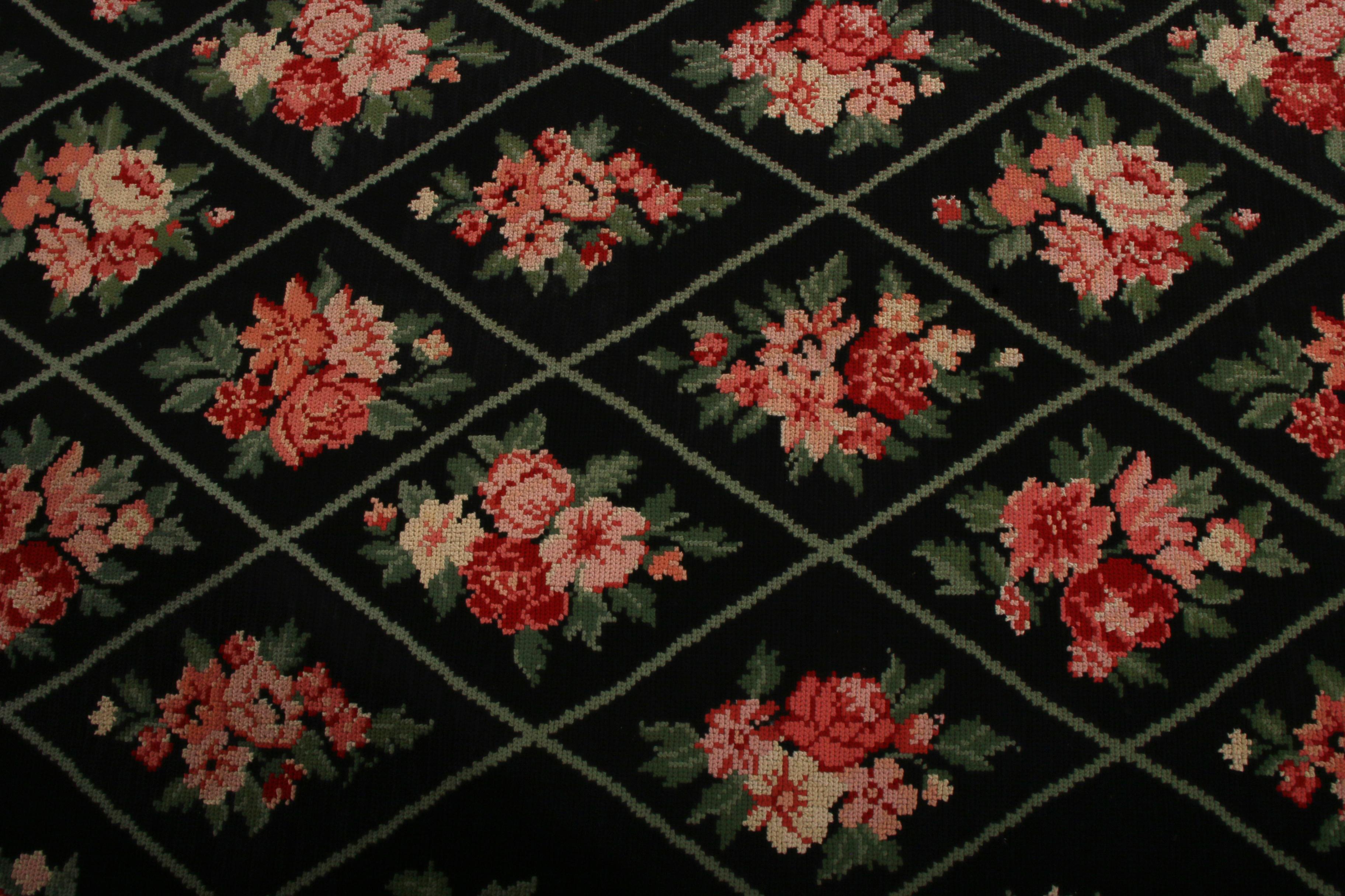 Hand-Woven Contemporary Needlepoint Flat-Weave Wool Black Pink and Green Floral Kilim Rug