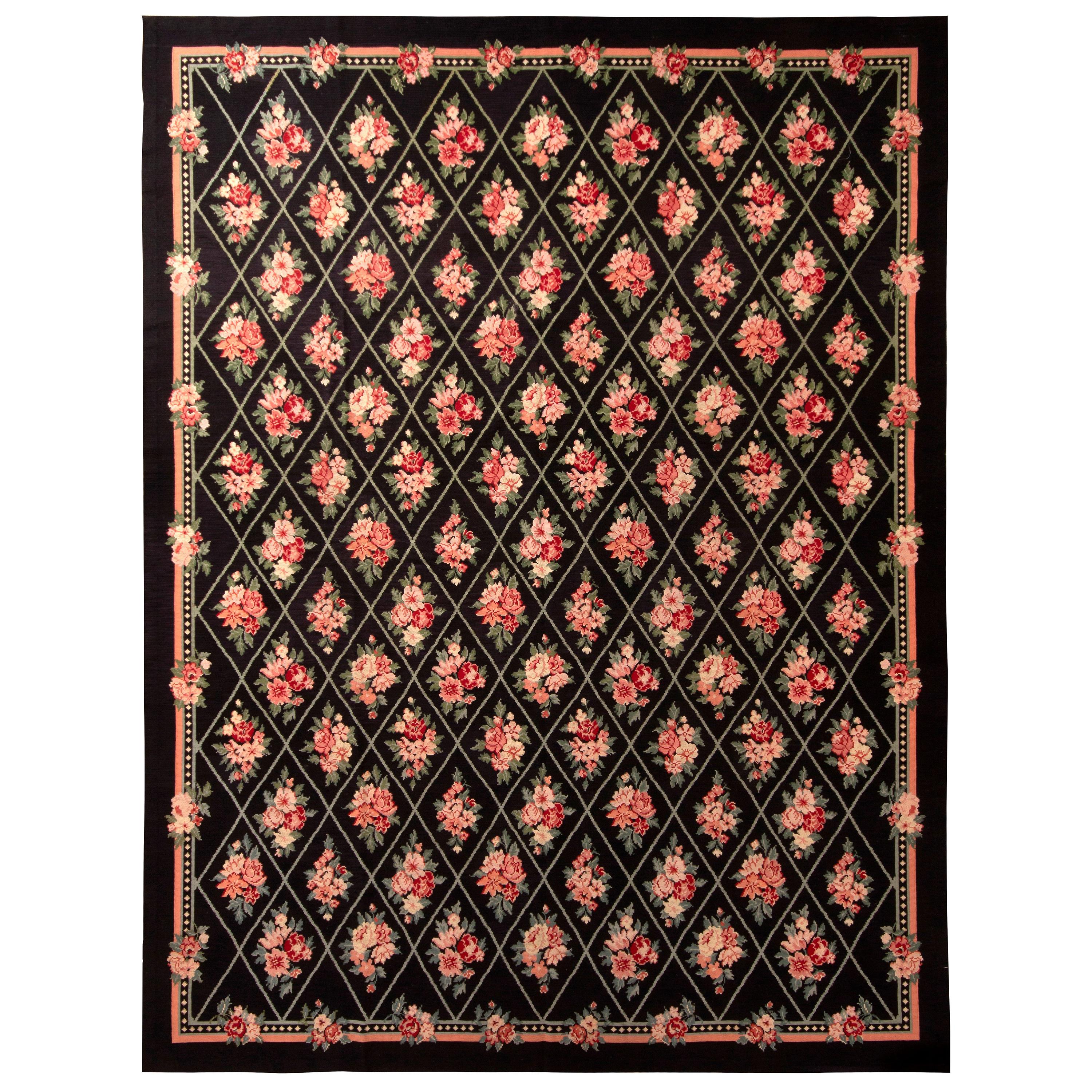 Contemporary Needlepoint Flat-Weave Wool Black Pink and Green Floral Kilim Rug