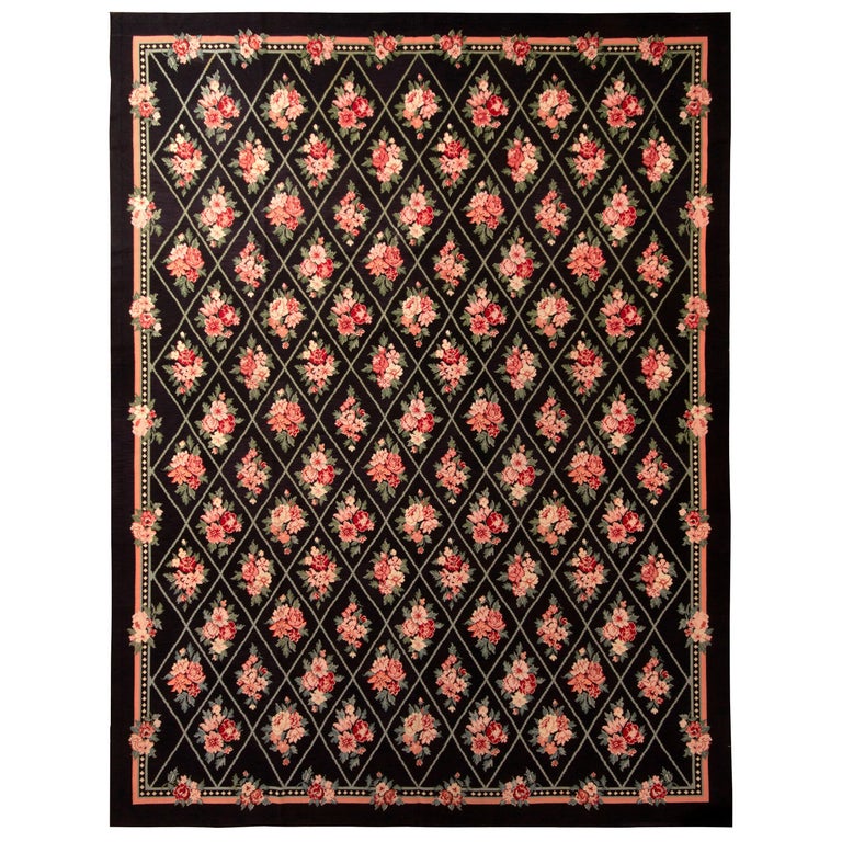Rug and Kilim's Contemporary Needlepoint FlatWeave Wool Black Floral