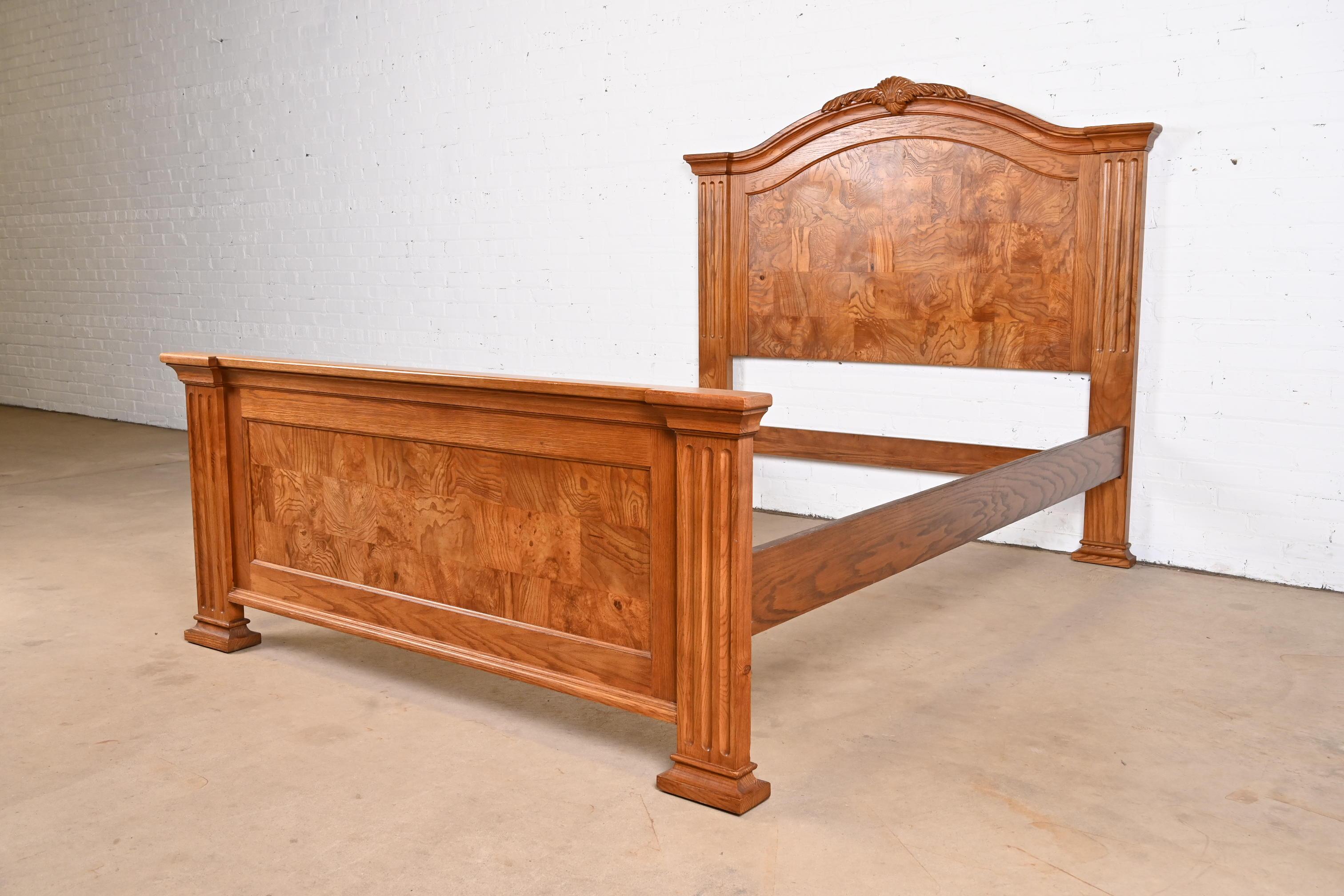 American Contemporary Neoclassical Oak and Burl Wood Queen Size Bed by Pulaski