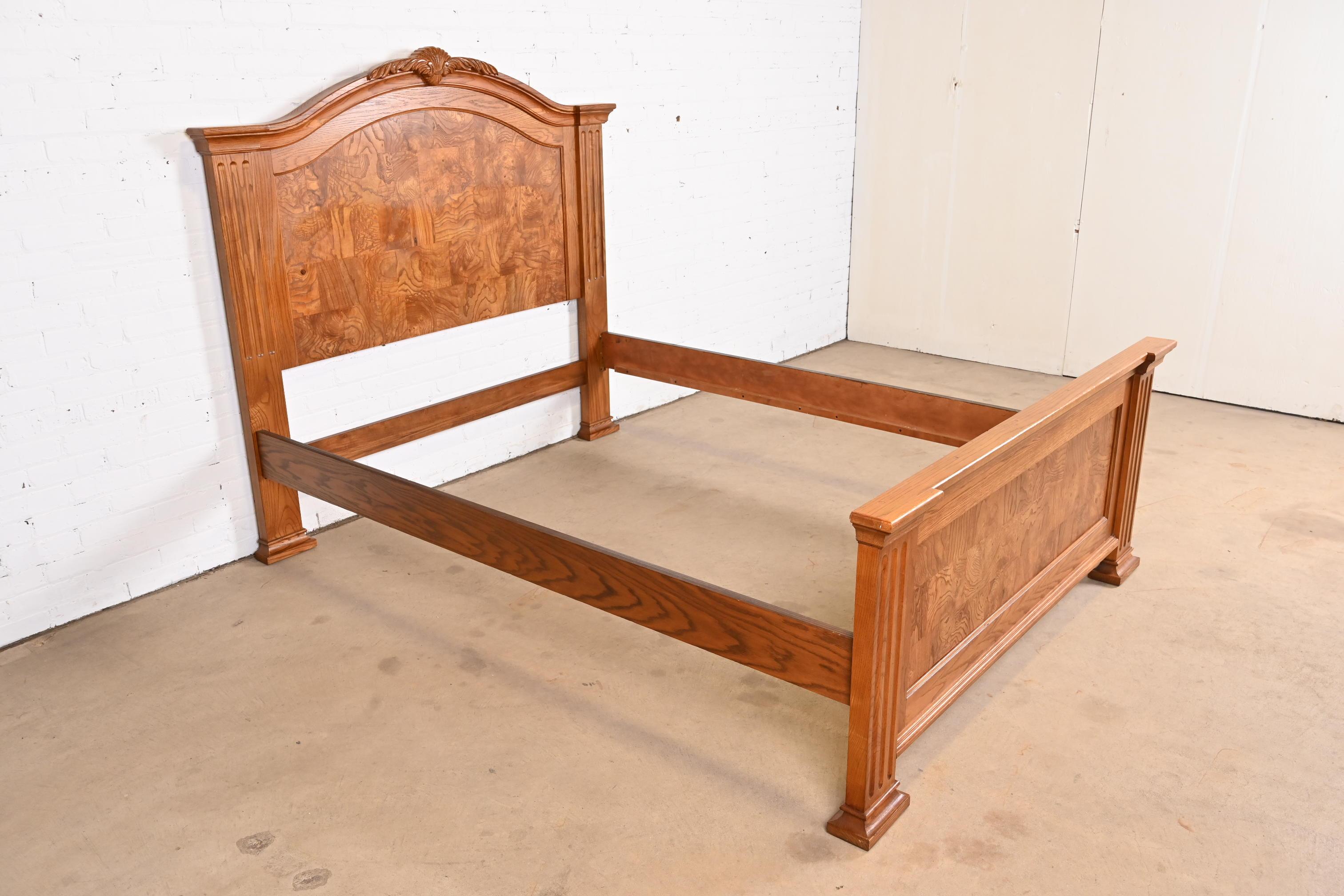 Contemporary Neoclassical Oak and Burl Wood Queen Size Bed by Pulaski In Good Condition In South Bend, IN
