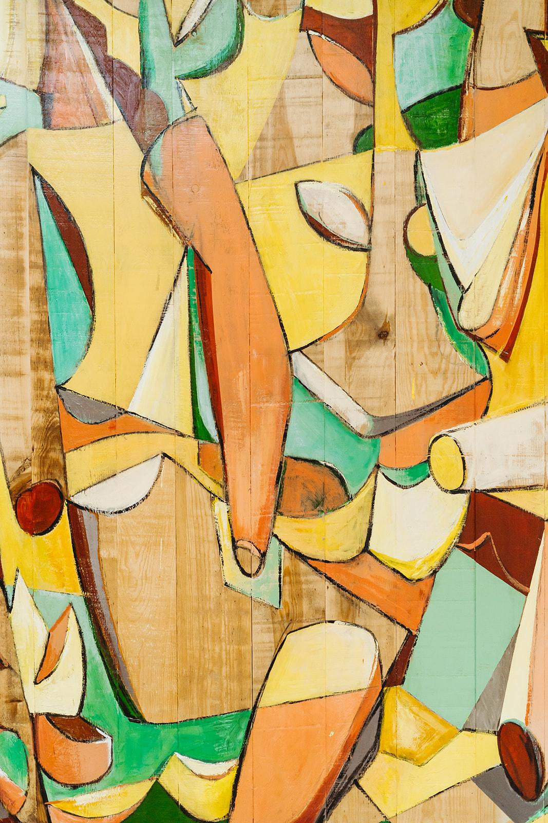 Zeitgenössische neomodernistische/neokubistische Malerei auf Holz ... (Handbemalt) im Angebot