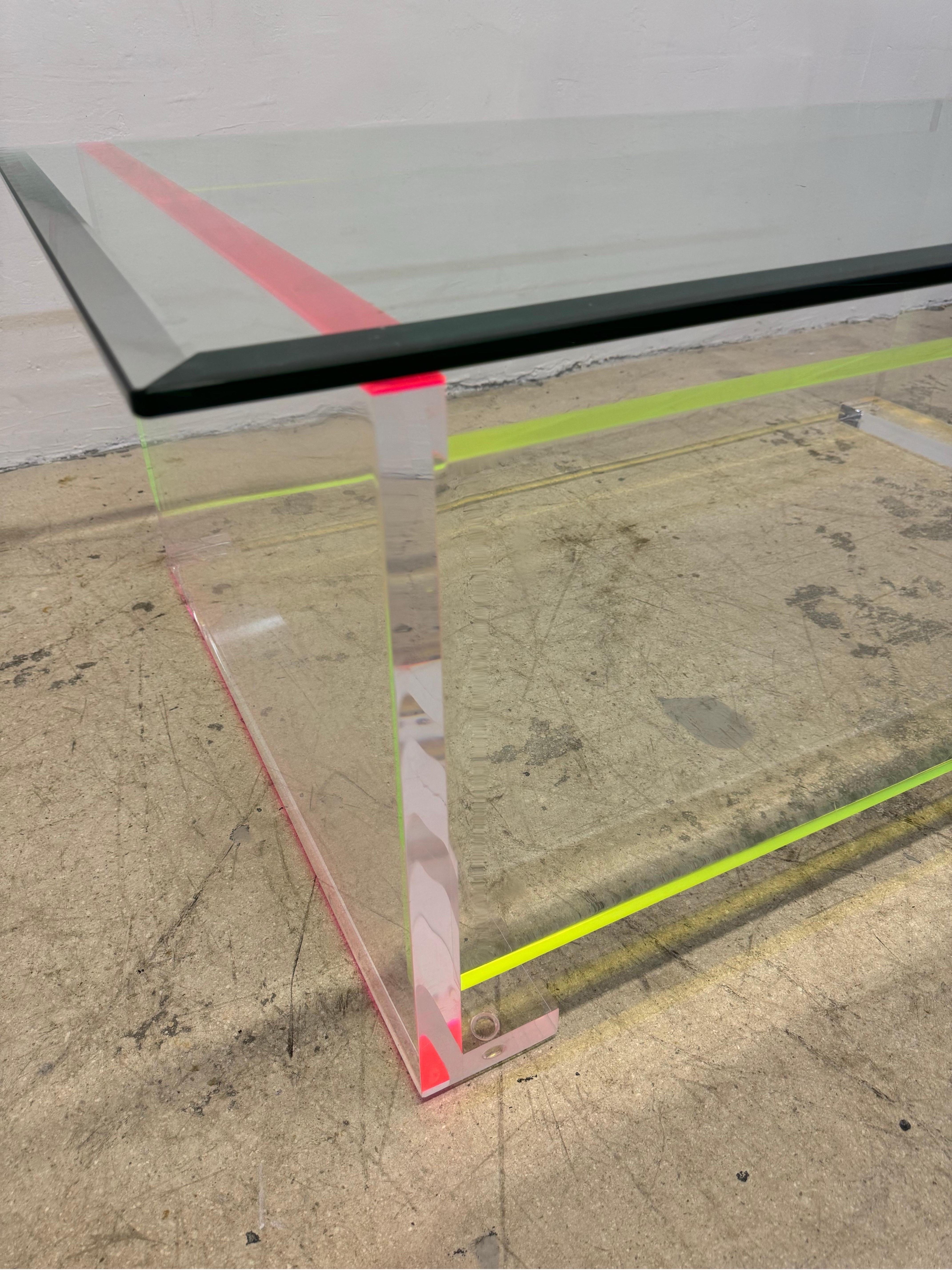 Contemporary Neon Color Edge Lucite Coffee Table With Beveled Glass Top For Sale 4