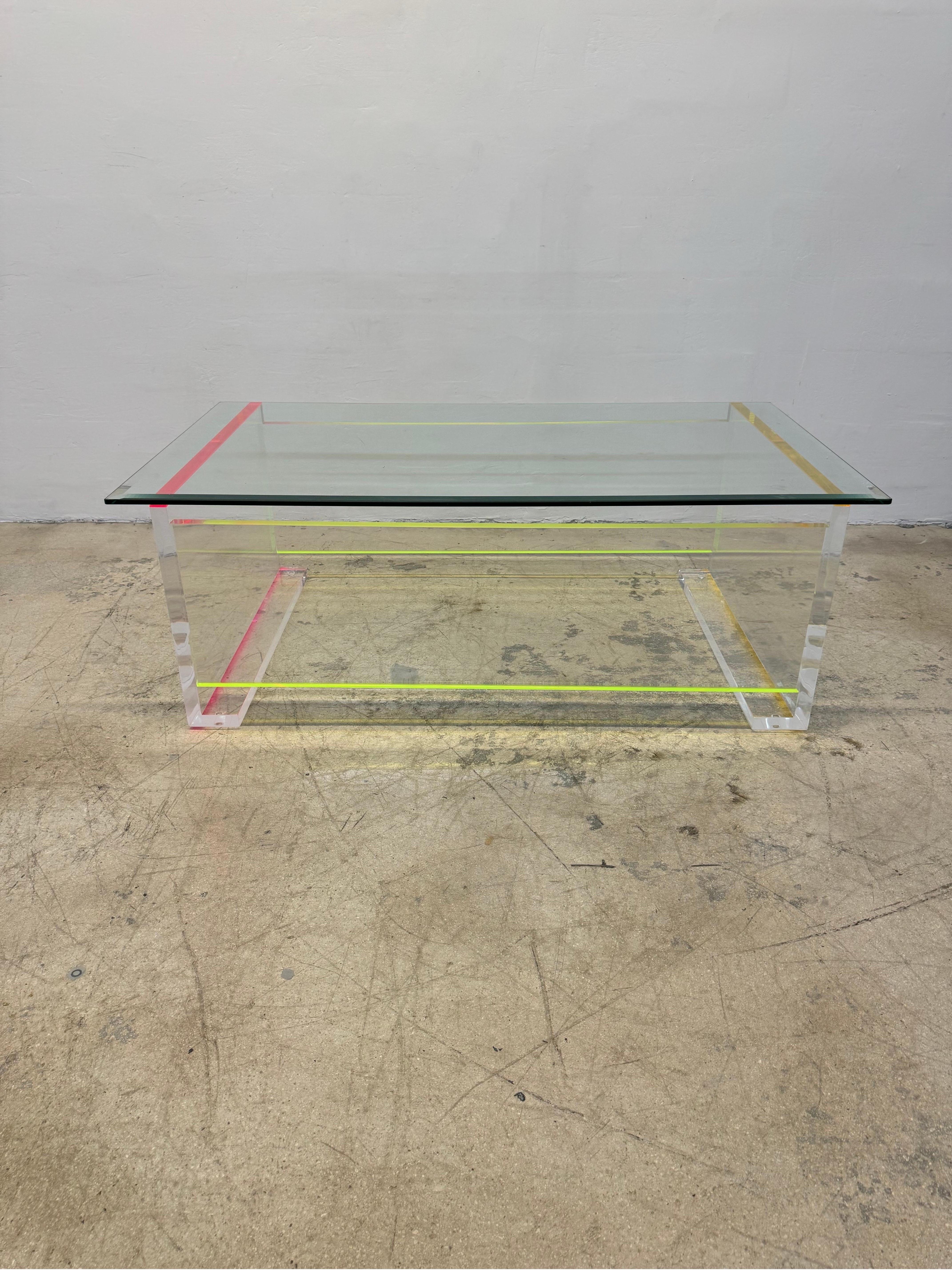 Contemporary Neon Color Edge Lucite Coffee Table With Beveled Glass Top For Sale 5