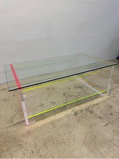 Contemporary Neon Color Edge Lucite Coffee Table With Beveled Glass Top