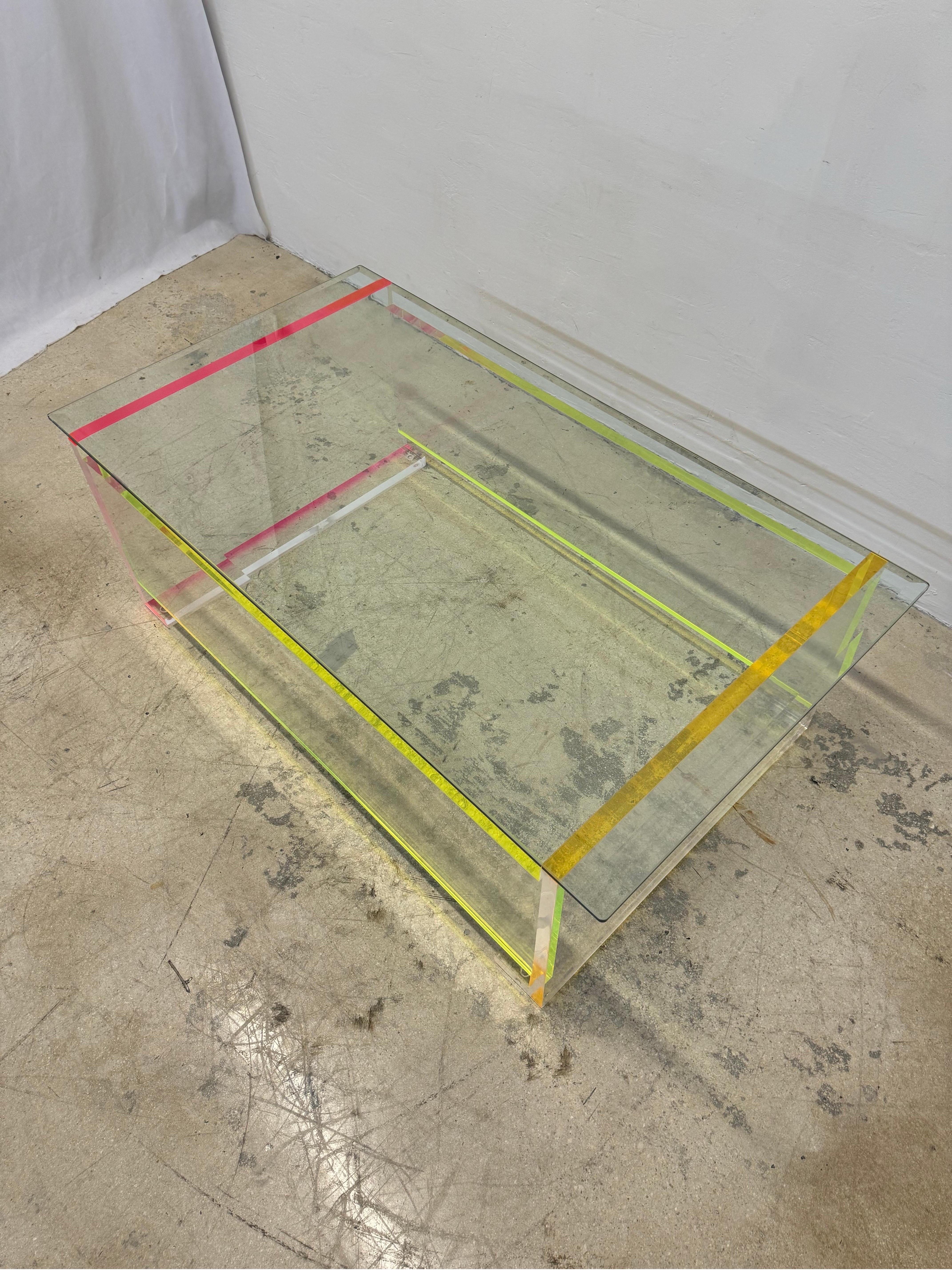 Modern Contemporary Neon Color Edge Lucite Coffee Table With Beveled Glass Top For Sale