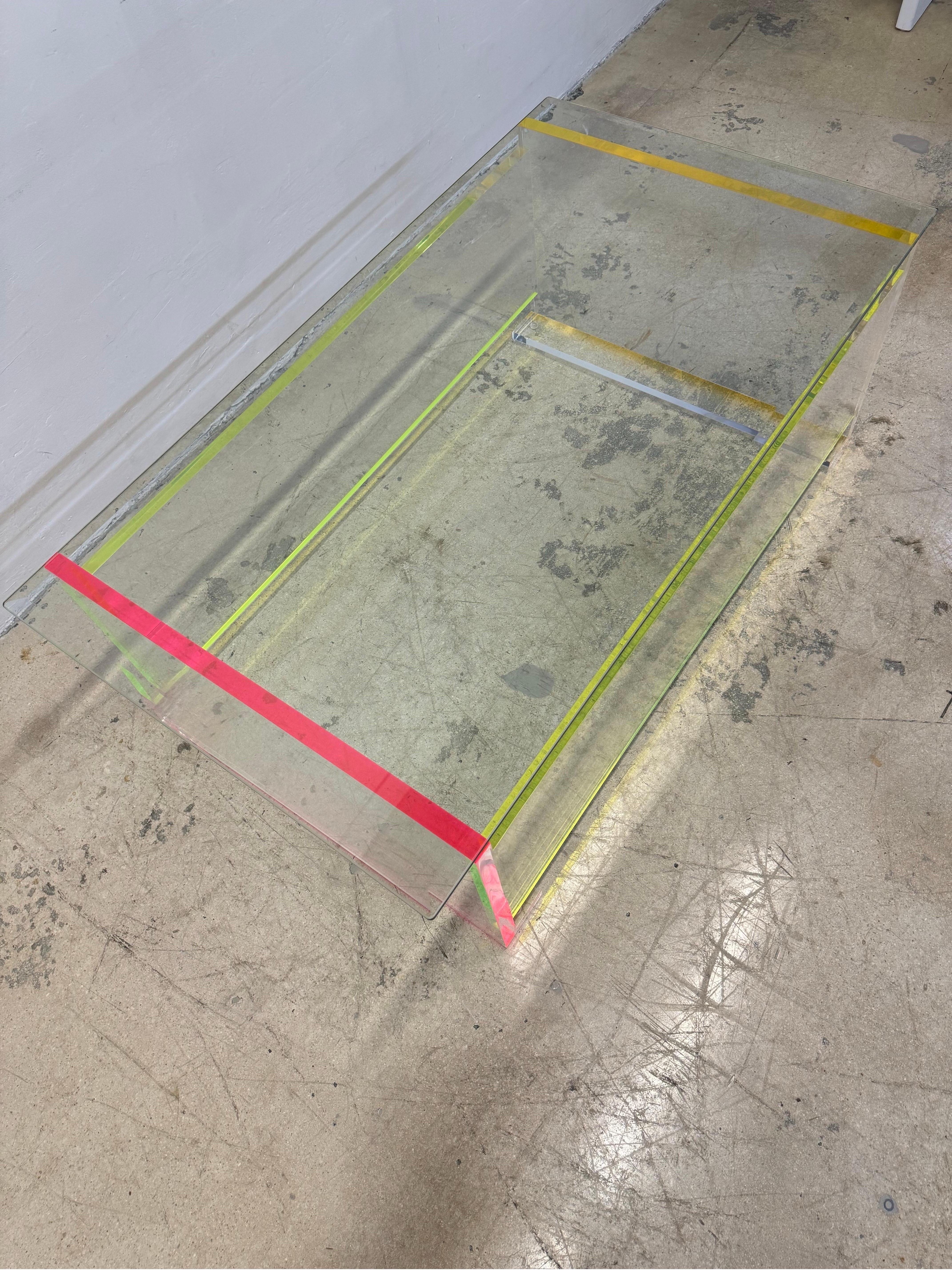 American Contemporary Neon Color Edge Lucite Coffee Table With Beveled Glass Top For Sale