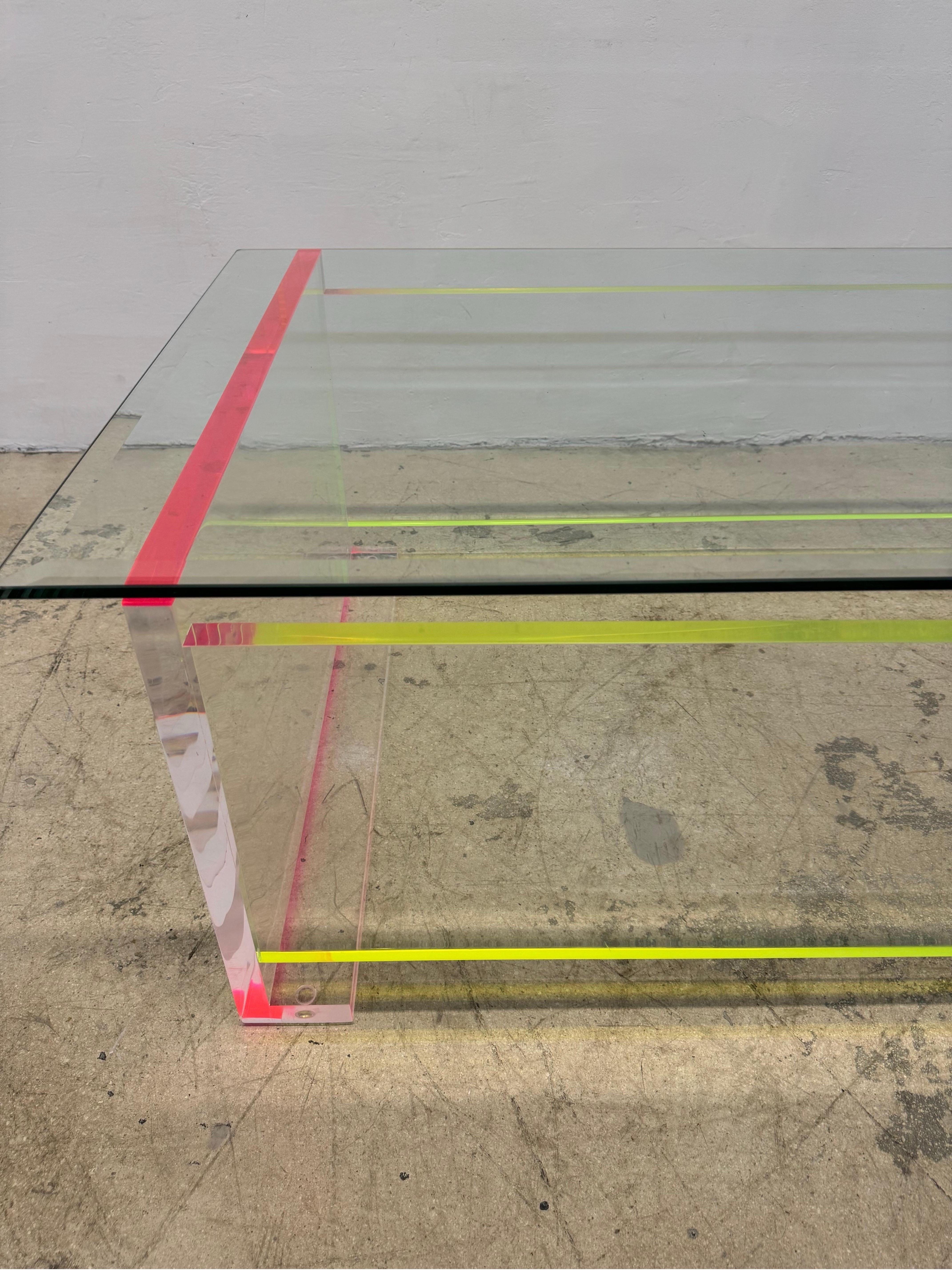20th Century Contemporary Neon Color Edge Lucite Coffee Table With Beveled Glass Top For Sale