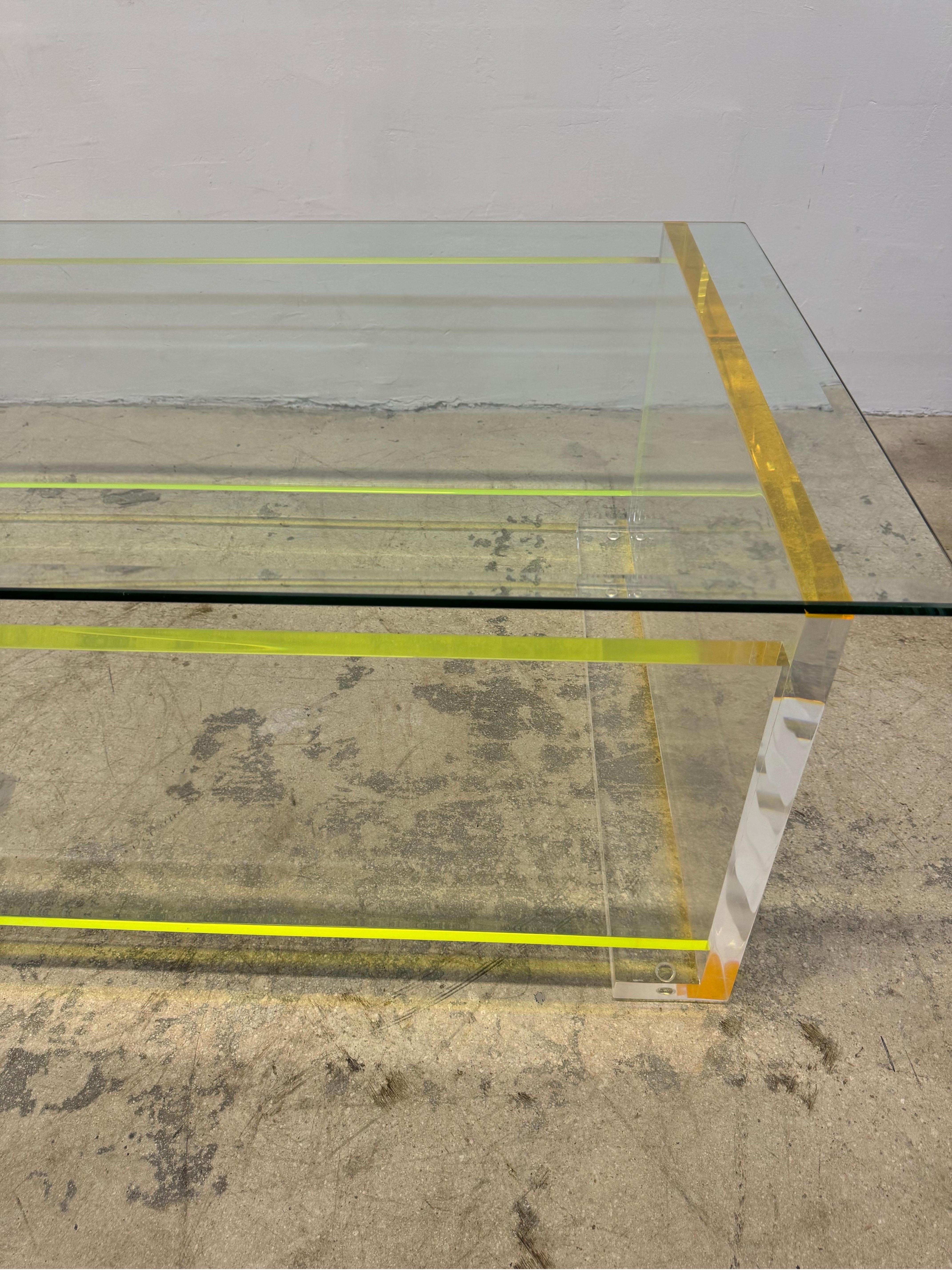 Contemporary Neon Color Edge Lucite Coffee Table With Beveled Glass Top For Sale 1