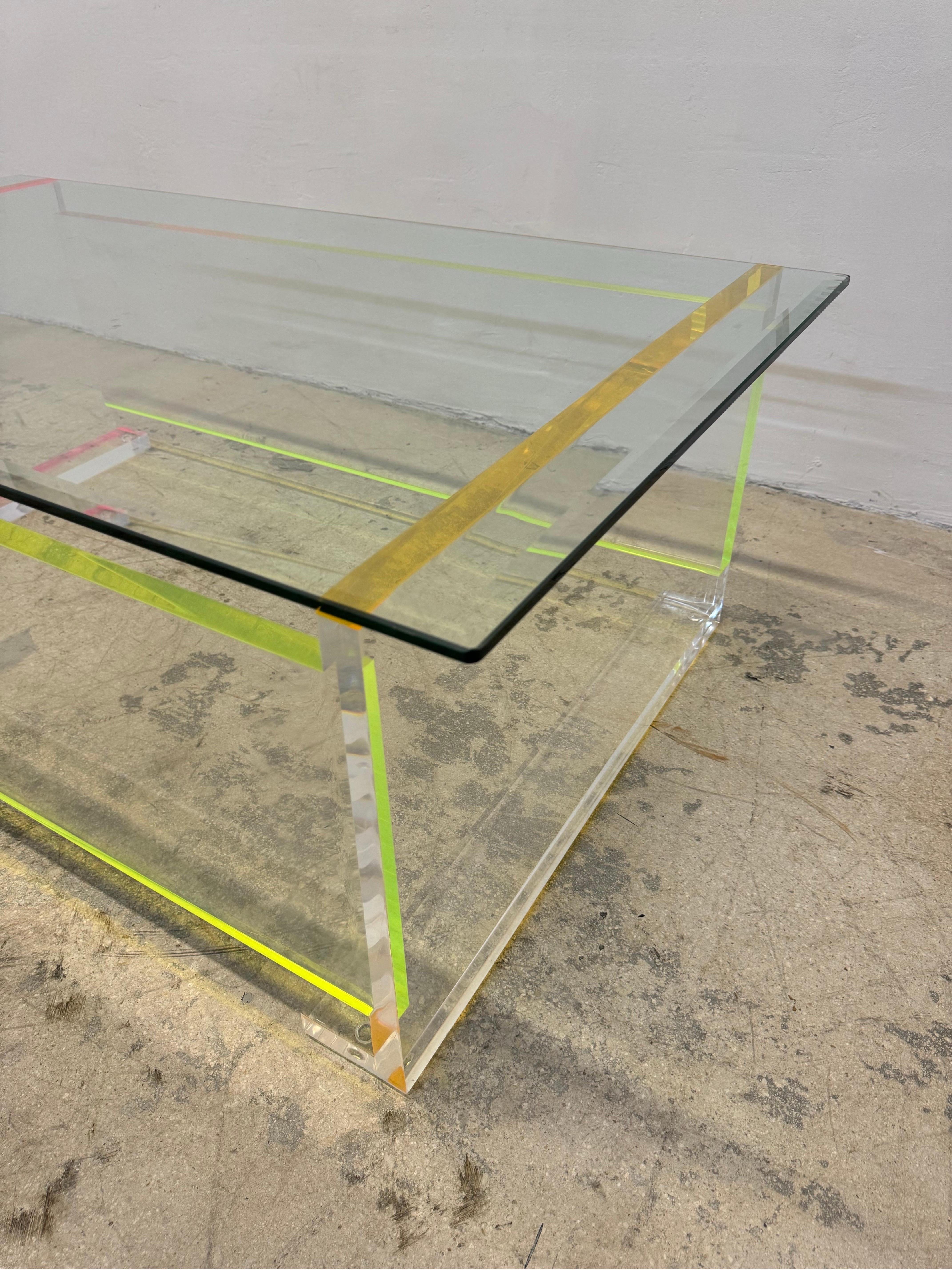Contemporary Neon Color Edge Lucite Coffee Table With Beveled Glass Top For Sale 2