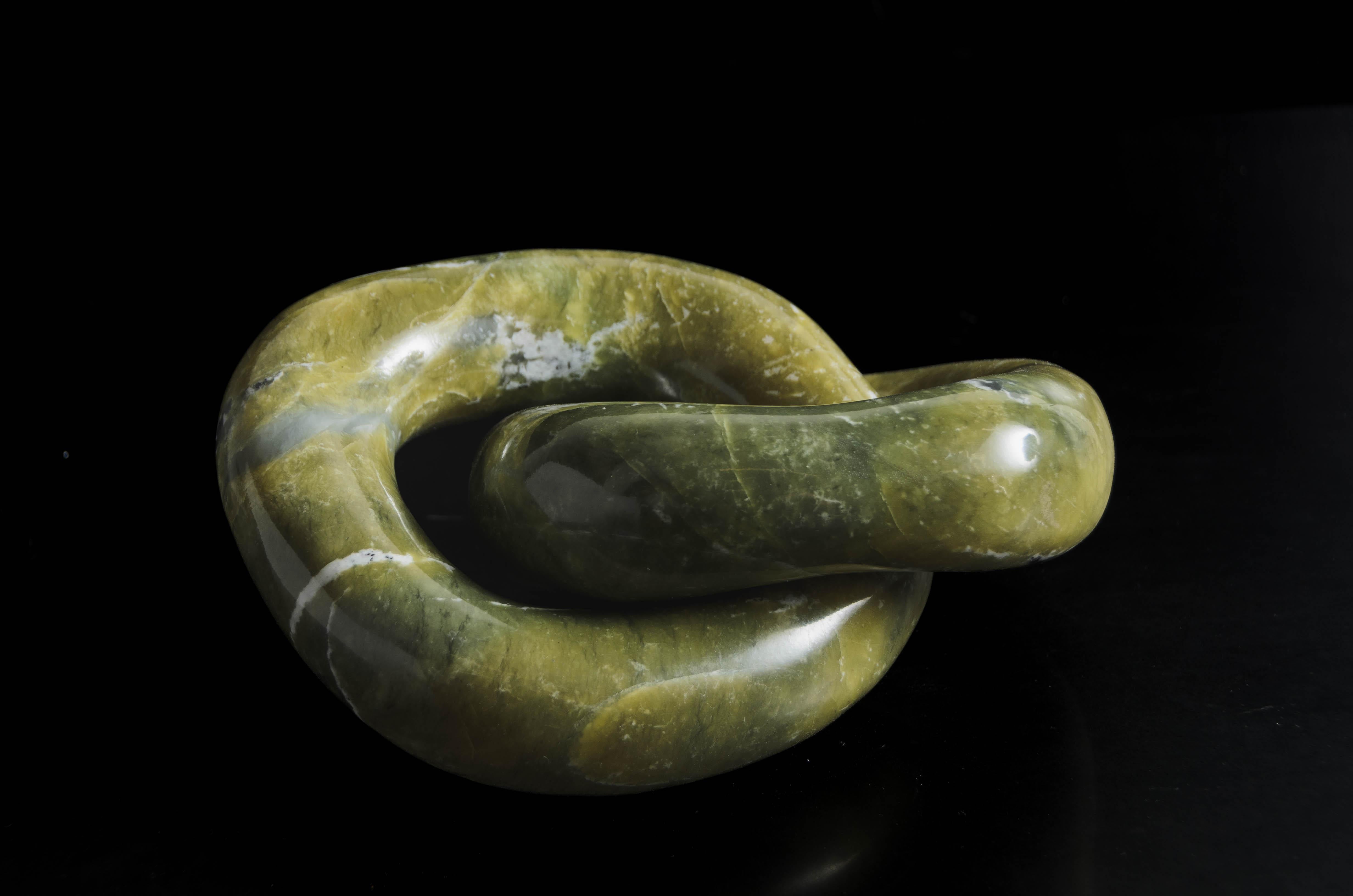 Minimalist Contemporary Nephrite Jade Double Ring Link Sculpture II by Robert Kuo For Sale