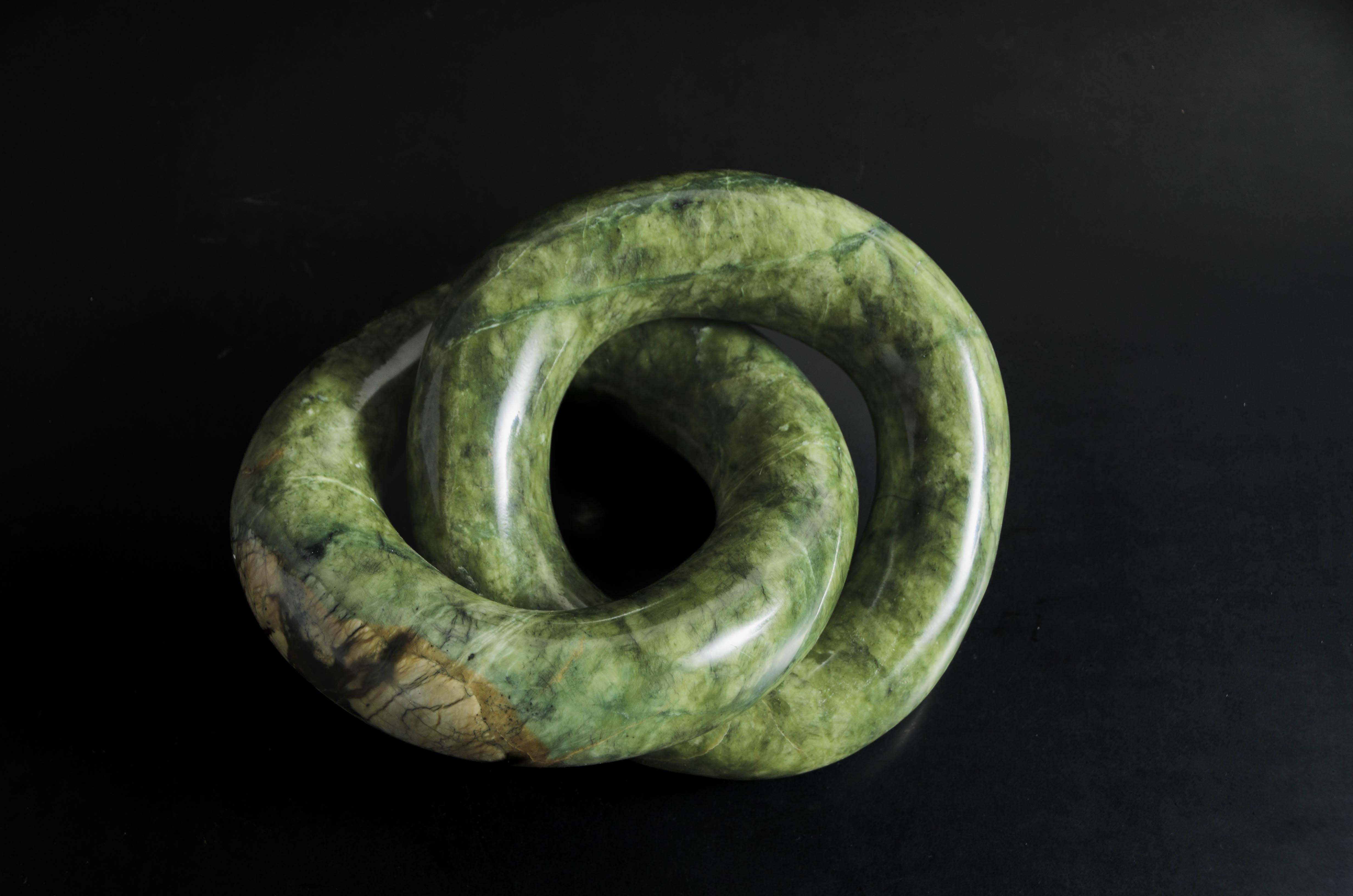 Double Ring Link Sculpture 
Nephrite Jade
Hand Carved
Limited Edition
Contemporary
JADE LINK LABELED: JL12 

Please note: Each individual jade vary in shapes and color please inquire for more information. 

Known as the “Stone of Heaven,”