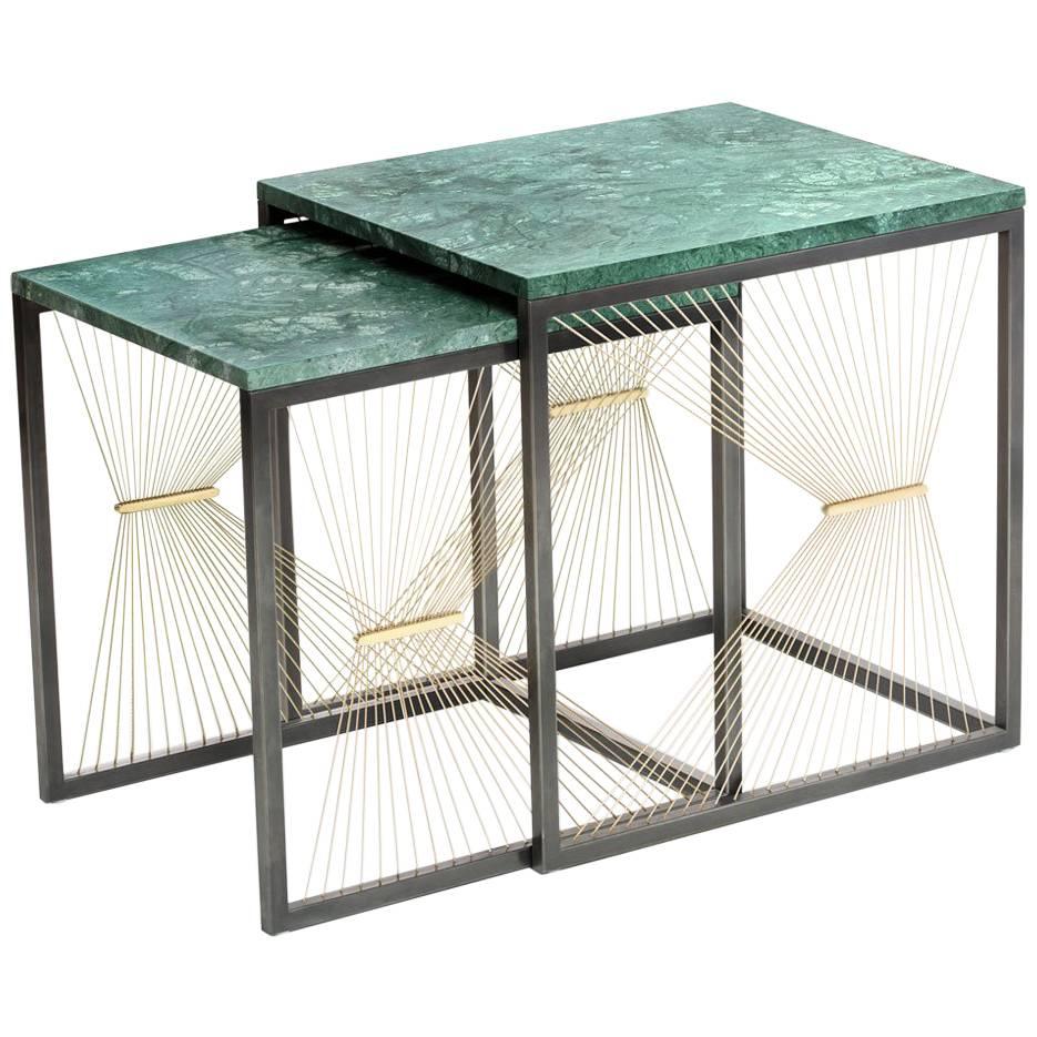 AEGIS 001-T2 set of two nesting tables are made to order using stainless steel, brass plates, marble and gold steel wire. A modern contemporary design using only the finest materials and manufacturing methods. Every element is sourced in Italy and