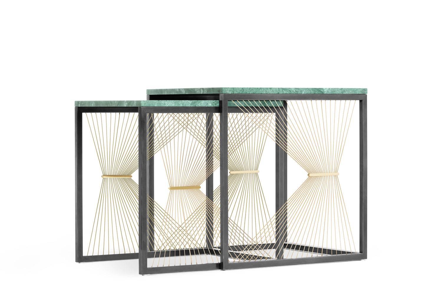 Polished Contemporary Nesting Tables with Marble, Brass and Steel, Handmade in Italy For Sale